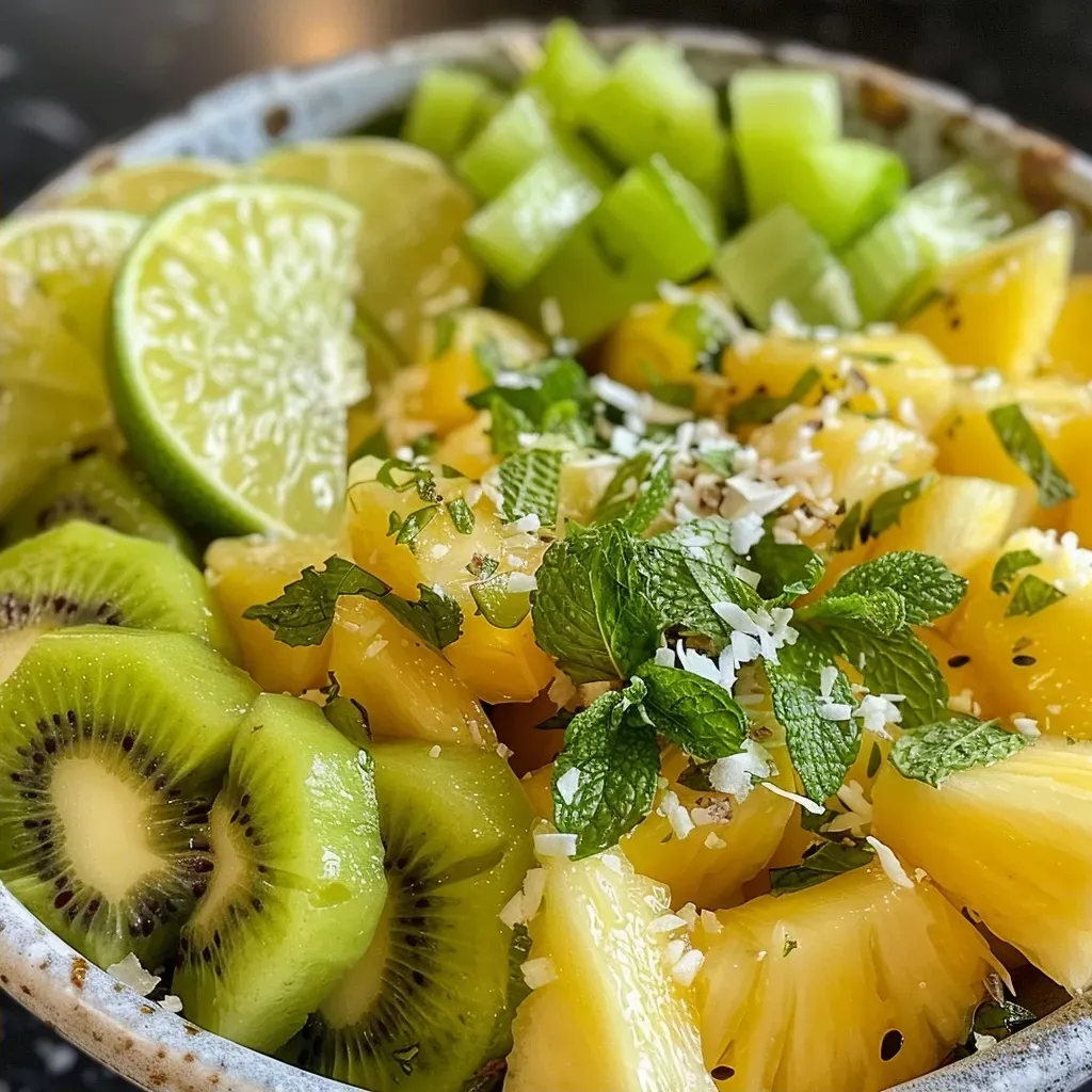 ['Ensalada de piña y kiwi con coco y menta.', 'Primer plano de una ensalada fresca de piña y kiwi.', 'Mezcla colorida de piña, kiwi y coco en un plato.', 'Ensalada de frutas tropicales con un toque de menta.']