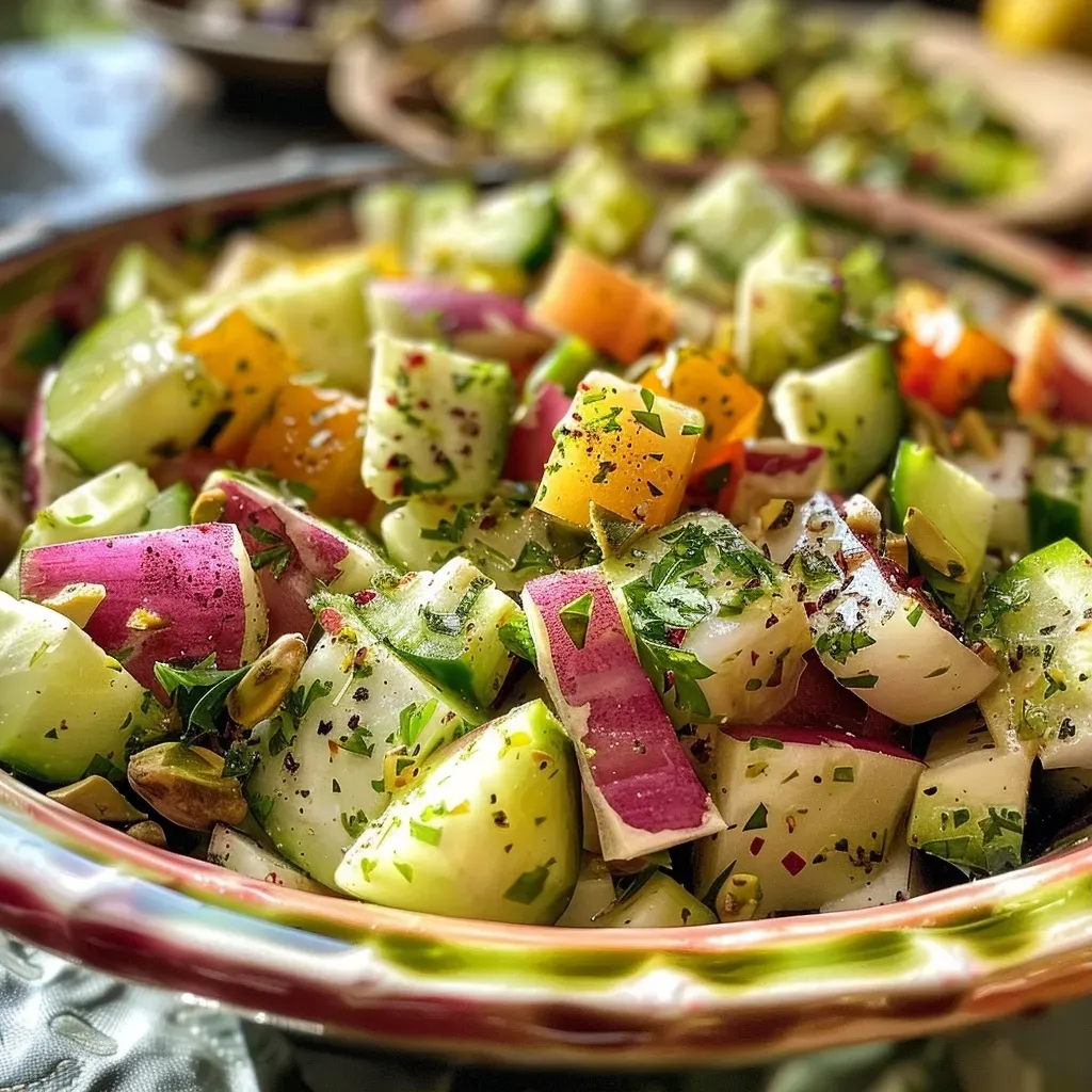['Ensalada colorida de sandía, pistache y menta.', 'Primer plano de una ensalada fresca con sandía y pistaches.', 'Ensalada vibrante con cubos de sandía, pepino y queso feta.', 'Detalle de ensalada de sandía con ingredientes saludables.']