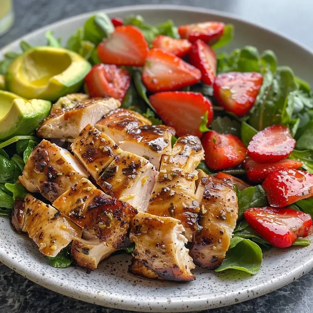 ['Ensalada de pollo con fresas, aguacate y nueces en un plato.', 'Primer plano de una ensalada fresca con pollo a la parrilla y fresas.', 'Ensalada colorida de pollo, fresas y queso feta en un tazón.', 'Vista lateral de una ensalada de pollo con ingredientes frescos y vibrantes.']