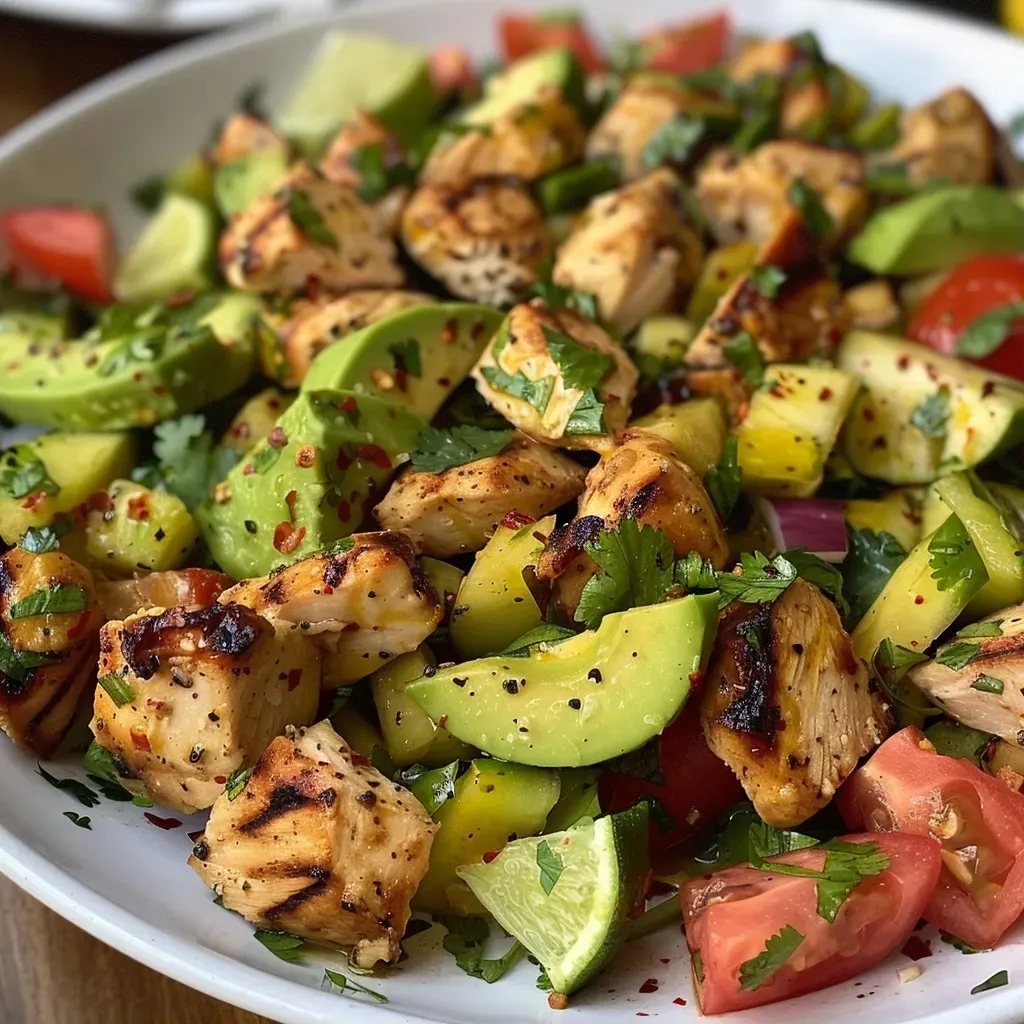 ['Ensalada de pollo con piña, manzana y aguacate en un plato.', 'Ensalada colorida con pollo, frutas y vegetales frescos.', 'Primer plano de ensalada con ingredientes variados y atractivos.', 'Combinación de pollo, piña y aguacate en una ensalada fresca.']