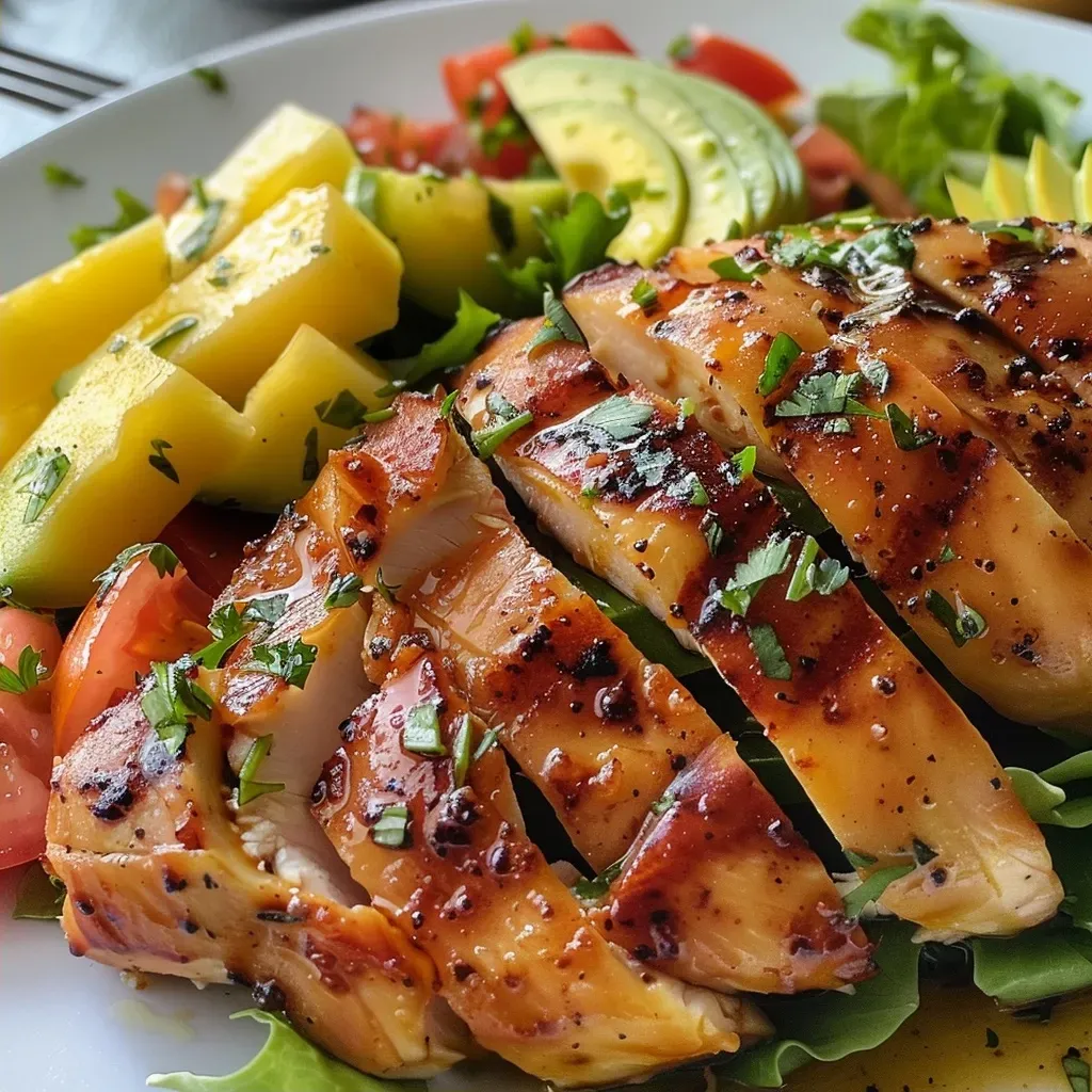 ['Ensalada de pollo con piña, manzana y aguacate en un plato.', 'Ensalada colorida con pollo, frutas y vegetales frescos.', 'Primer plano de ensalada con ingredientes variados y atractivos.', 'Combinación de pollo, piña y aguacate en una ensalada fresca.']