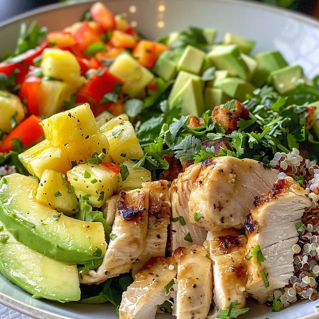 ['Ensalada de pollo hawaiana sin gluten con ingredientes frescos.', 'Plato colorido de ensalada de pollo con piña y aguacate.', 'Vista lateral de ensalada de pollo hawaiana con quinoa.', 'Ensalada vibrante de pollo con vegetales y aderezo ligero.']