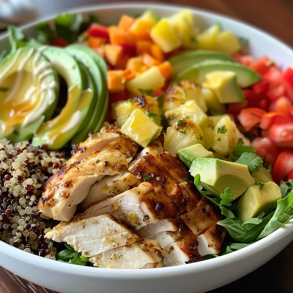Ensalada de pollo hawaiana sin gluten con ingredientes frescos.