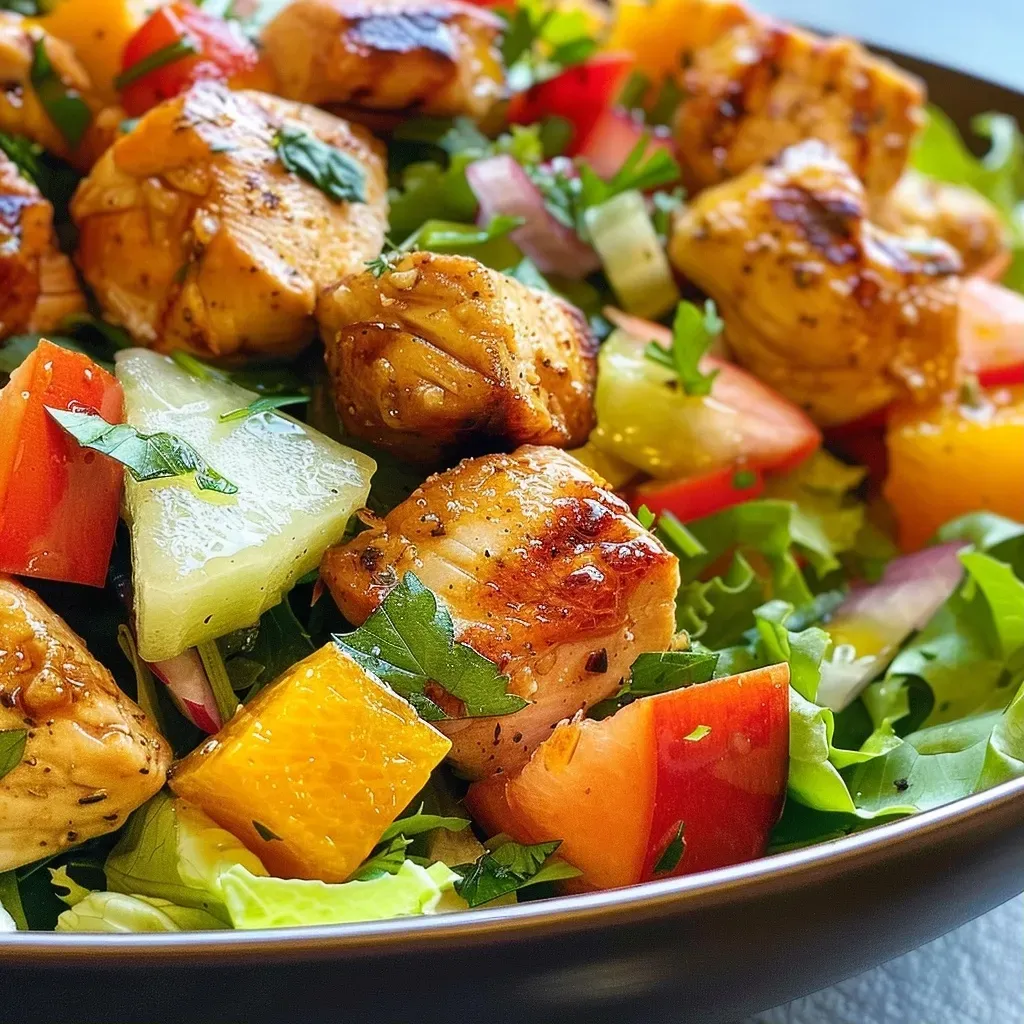 ['Ensalada de pollo, pera y melón sobre hojas verdes.', 'Primer plano de ensalada con pollo, pera y melón.', 'Placa de ensalada fresca con pollo y frutas.', 'Ensalada colorida con pollo, pera y melón en un tazón.']