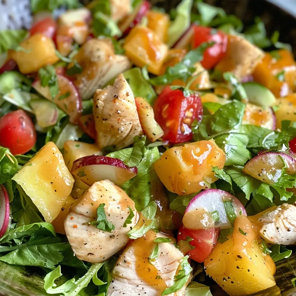 ['Ensalada de pollo, pera y melón sobre hojas verdes.', 'Primer plano de ensalada con pollo, pera y melón.', 'Placa de ensalada fresca con pollo y frutas.', 'Ensalada colorida con pollo, pera y melón en un tazón.']