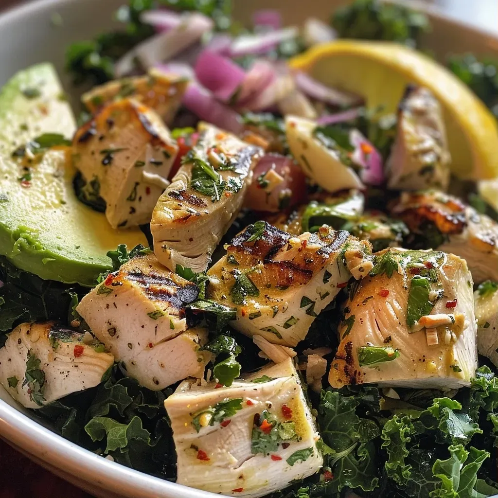 ['Ensalada de pollo y durazno a la parrilla con hojas verdes.', 'Primer plano de ensalada fresca con pollo y durazno.', 'Ensalada colorida con ingredientes frescos y saludables.', 'Detalle de una ensalada de pollo y durazno grillado.']