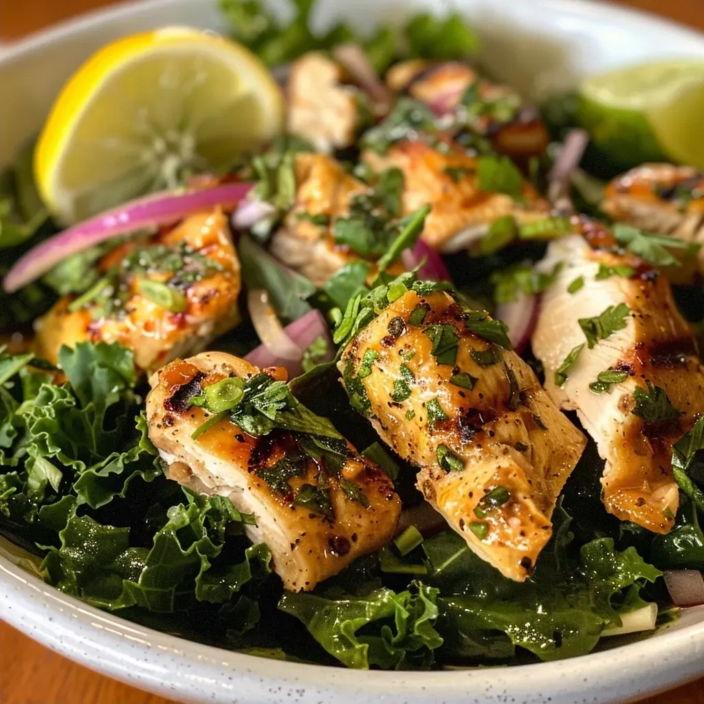 Ensalada de pollo y durazno a la parrilla con hojas verdes.