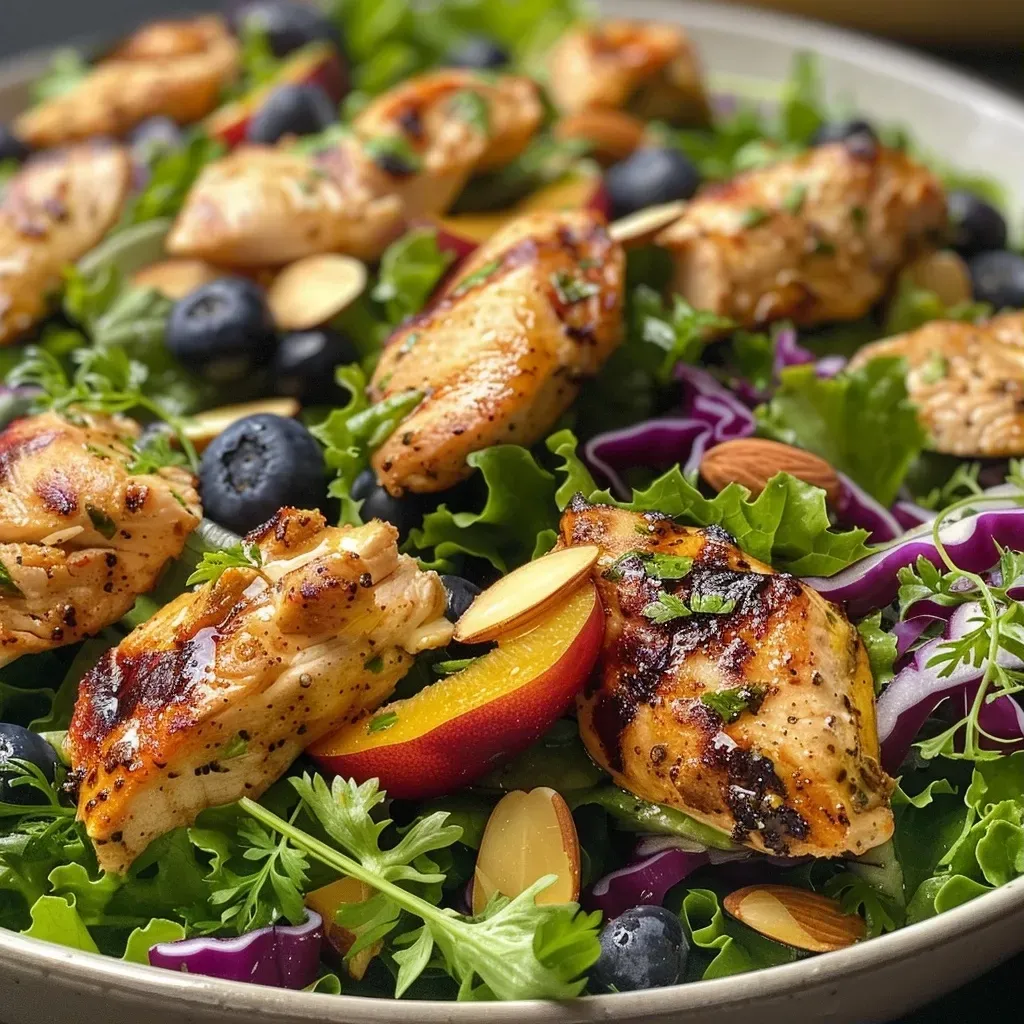 ['Ensalada de pollo con nectarinas y verduras frescas.', 'Primer plano de una ensalada vibrante con pollo y nectarinas.', 'Ensalada de pollo y nectarinas servida en un plato.', 'Ensalada fresca con pollo, nectarinas y aderezo.']