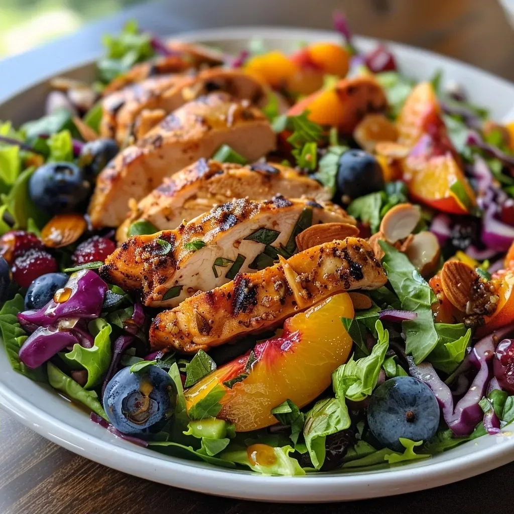 ['Ensalada de pollo con nectarinas y verduras frescas.', 'Primer plano de una ensalada vibrante con pollo y nectarinas.', 'Ensalada de pollo y nectarinas servida en un plato.', 'Ensalada fresca con pollo, nectarinas y aderezo.']