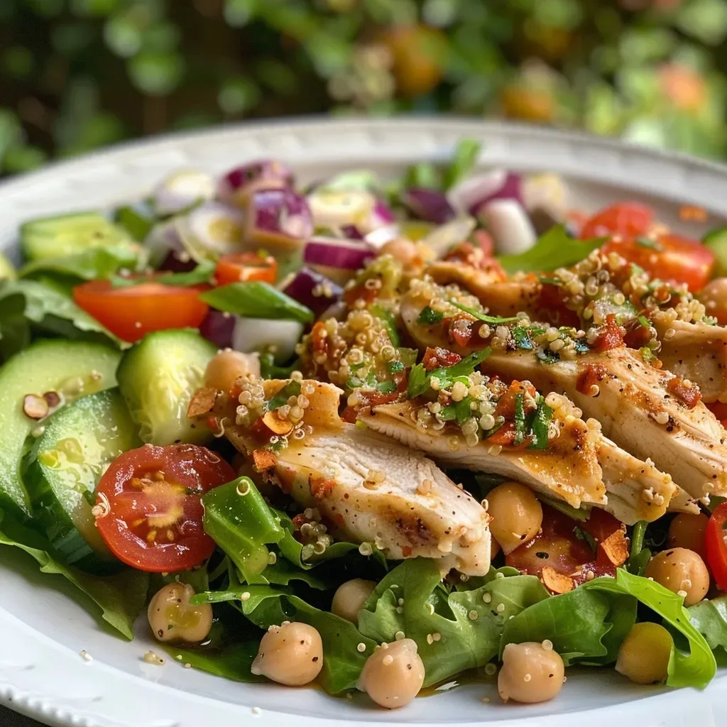 ['Ensalada de pollo y quinoa con garbanzos y verduras frescas.', 'Primer plano de una ensalada colorida con pollo, quinoa y aceitunas.', 'Vista lateral de una ensalada de pollo y quinoa en un plato.', 'Ensalada de quinoa con ingredientes frescos y salsa de aceite de oliva.']