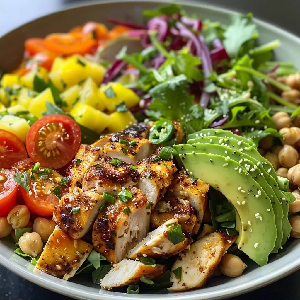 ['Ensalada de pollo y quinoa con garbanzos y verduras frescas.', 'Primer plano de una ensalada colorida con pollo, quinoa y aceitunas.', 'Vista lateral de una ensalada de pollo y quinoa en un plato.', 'Ensalada de quinoa con ingredientes frescos y salsa de aceite de oliva.']