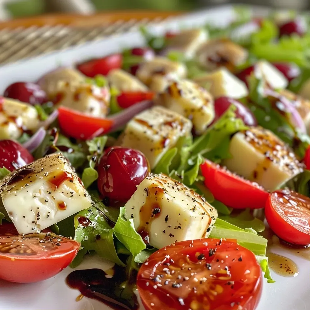 ['Ensalada colorida con queso de cabra y nueces.', 'Primer plano de ensalada de queso de cabra con tomates cherry.', 'Ensalada fresca con ingredientes variados y vinagreta.', 'Mezcla de lechugas con queso de cabra y nueces en un plato.']
