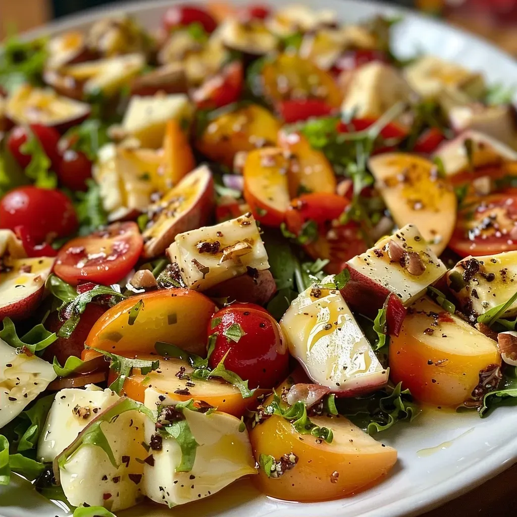 ['Ensalada colorida con queso de cabra y nueces.', 'Primer plano de ensalada de queso de cabra con tomates cherry.', 'Ensalada fresca con ingredientes variados y vinagreta.', 'Mezcla de lechugas con queso de cabra y nueces en un plato.']