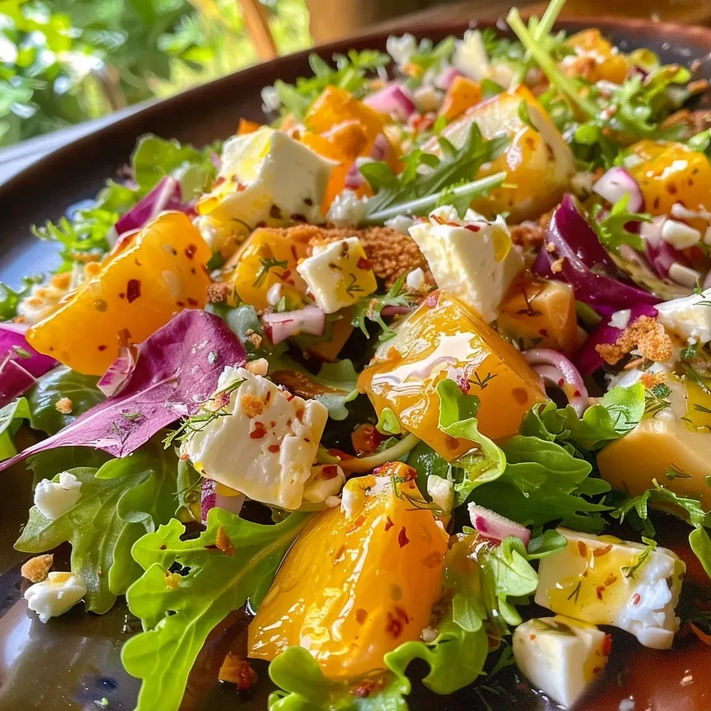 ['Ensalada de rúcula con pera y queso fresco de cabra.', 'Primer plano de ensalada de rúcula, peras y nueces.', 'Ensalada saludable con hojas de rúcula y bolitas de queso.', 'Mezcla de rúcula, pera y nueces en un plato.']