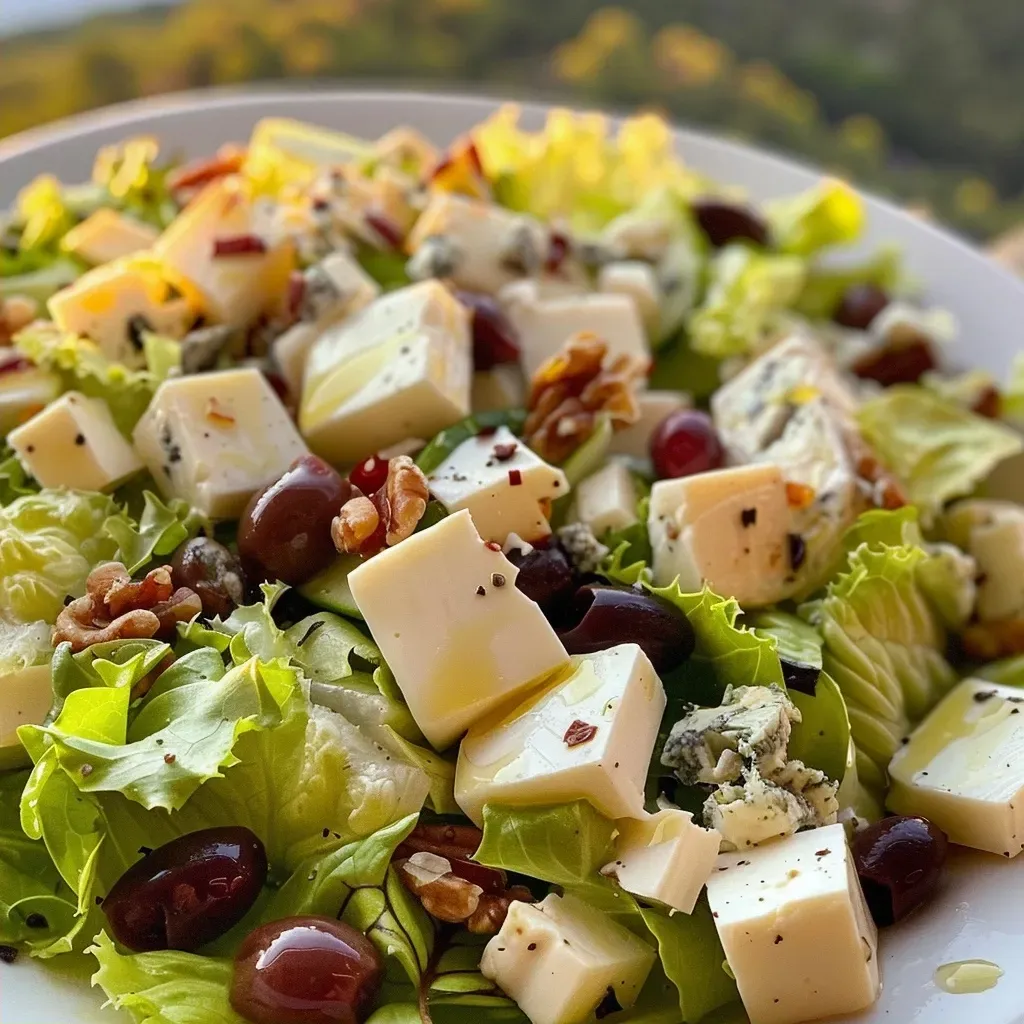 ['Ensalada de rúcula con pera y queso fresco de cabra.', 'Primer plano de ensalada de rúcula, peras y nueces.', 'Ensalada saludable con hojas de rúcula y bolitas de queso.', 'Mezcla de rúcula, pera y nueces en un plato.']