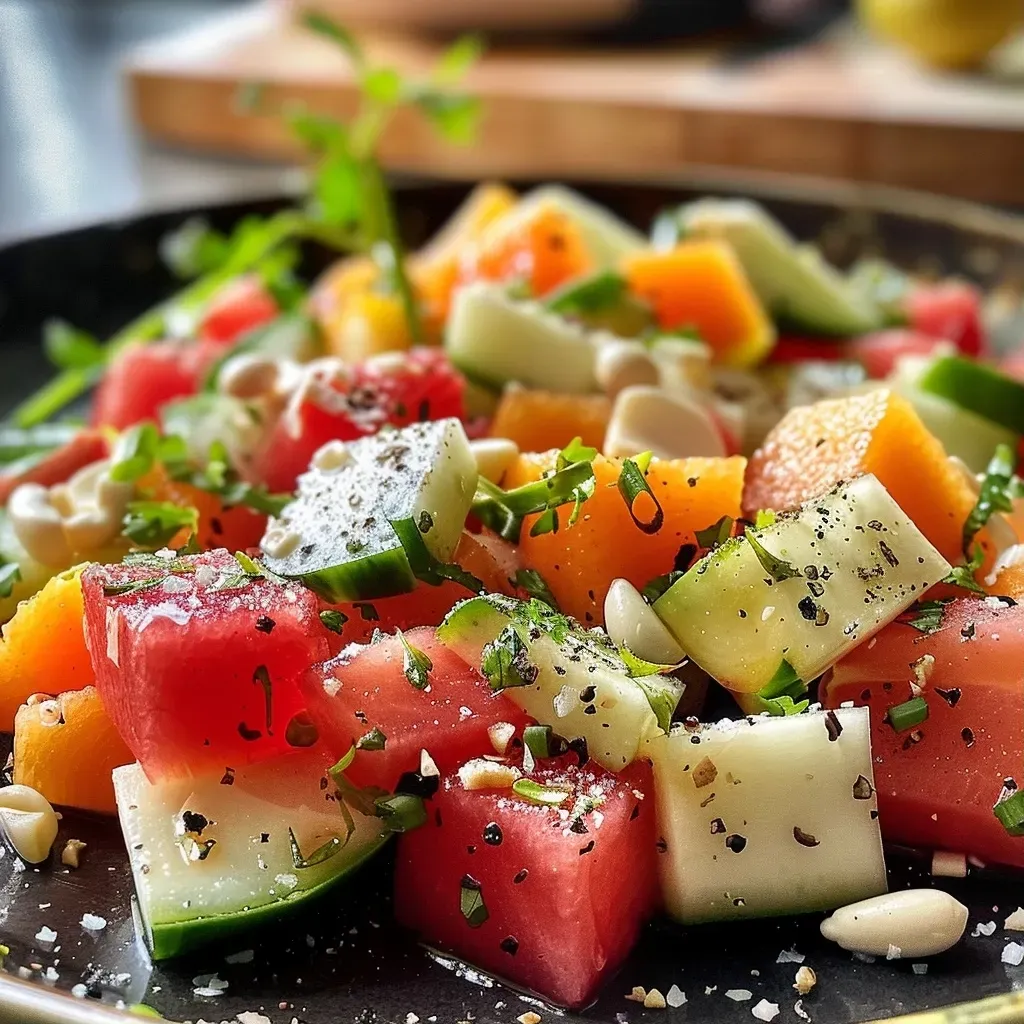 ['Ensalada de rúcula con melocotones asados y aguacate en un plato.', 'Primer plano de una colorida ensalada de rúcula y melocotones asados.', 'Ensalada fresca de rúcula, aguacate y melocotón asado, presentada elegantemente.', 'Detalle de ingredientes en una ensalada de rúcula y melocotones asados.']