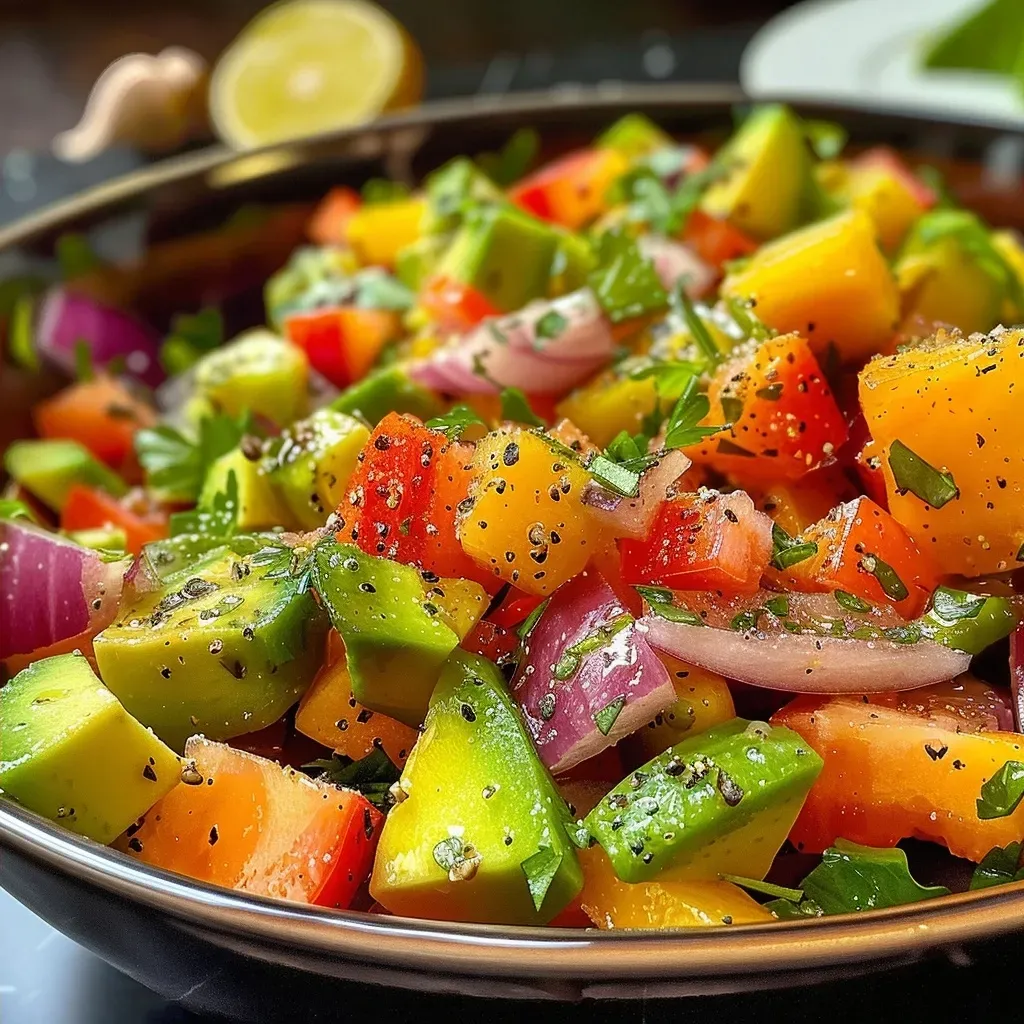 ['Ensalada de rúcula con melocotones asados y aguacate en un plato.', 'Primer plano de una colorida ensalada de rúcula y melocotones asados.', 'Ensalada fresca de rúcula, aguacate y melocotón asado, presentada elegantemente.', 'Detalle de ingredientes en una ensalada de rúcula y melocotones asados.']