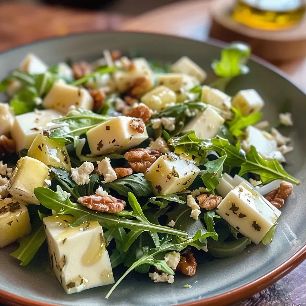 ['Ensalada de rúcula con queso parmesano en rodajas.', 'Ensalada fresca de rúcula con tomates y nueces.', 'Detalle de una ensalada de rúcula con ingredientes frescos.', 'Ensalada colorida de rúcula con parmesano y cebolla roja.']