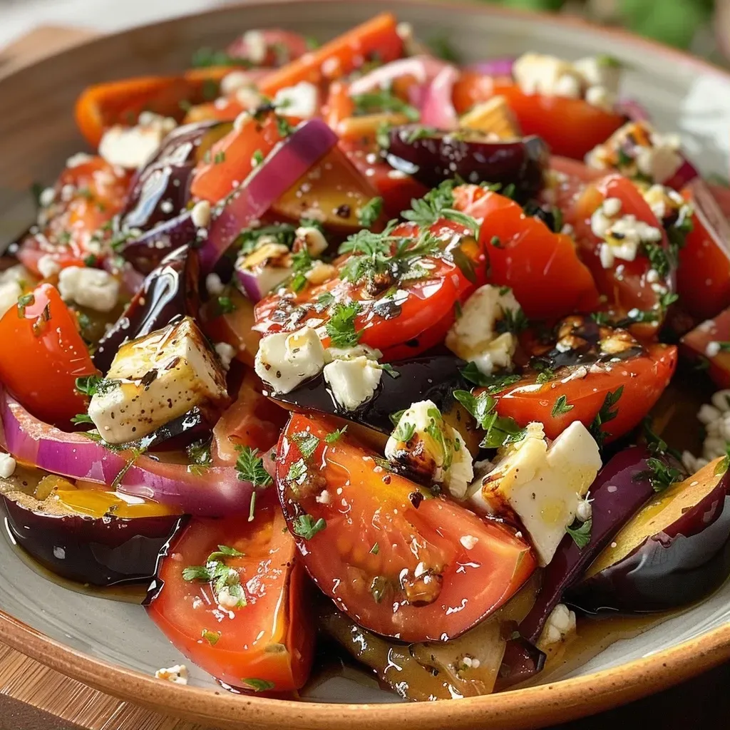 ['Ensalada mediterránea de berenjenas asadas con ingredientes frescos.', 'Vista lateral de una ensalada colorida con berenjenas asadas.', 'Primer plano de ensalada con rúcula, tomates secos y queso feta.', 'Ensalada mediterránea con berenjenas, aceitunas y aliños.']