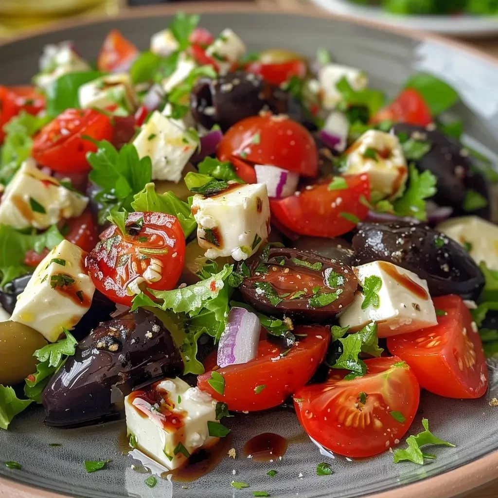 ['Ensalada mediterránea de berenjenas asadas con ingredientes frescos.', 'Vista lateral de una ensalada colorida con berenjenas asadas.', 'Primer plano de ensalada con rúcula, tomates secos y queso feta.', 'Ensalada mediterránea con berenjenas, aceitunas y aliños.']