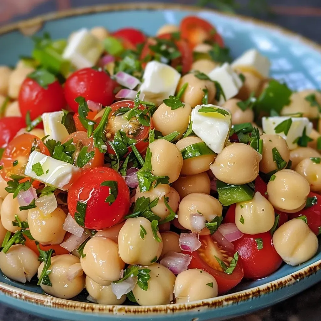 ['Ensalada Mediterránea de Garbanzos con ingredientes frescos y coloridos.', 'Close up de una ensalada de garbanzos con vegetales frescos.', 'Ensalada de garbanzos con pimientos, tomates y queso feta.', 'Vista lateral de una ensalada fresca y vibrante con garbanzos.']