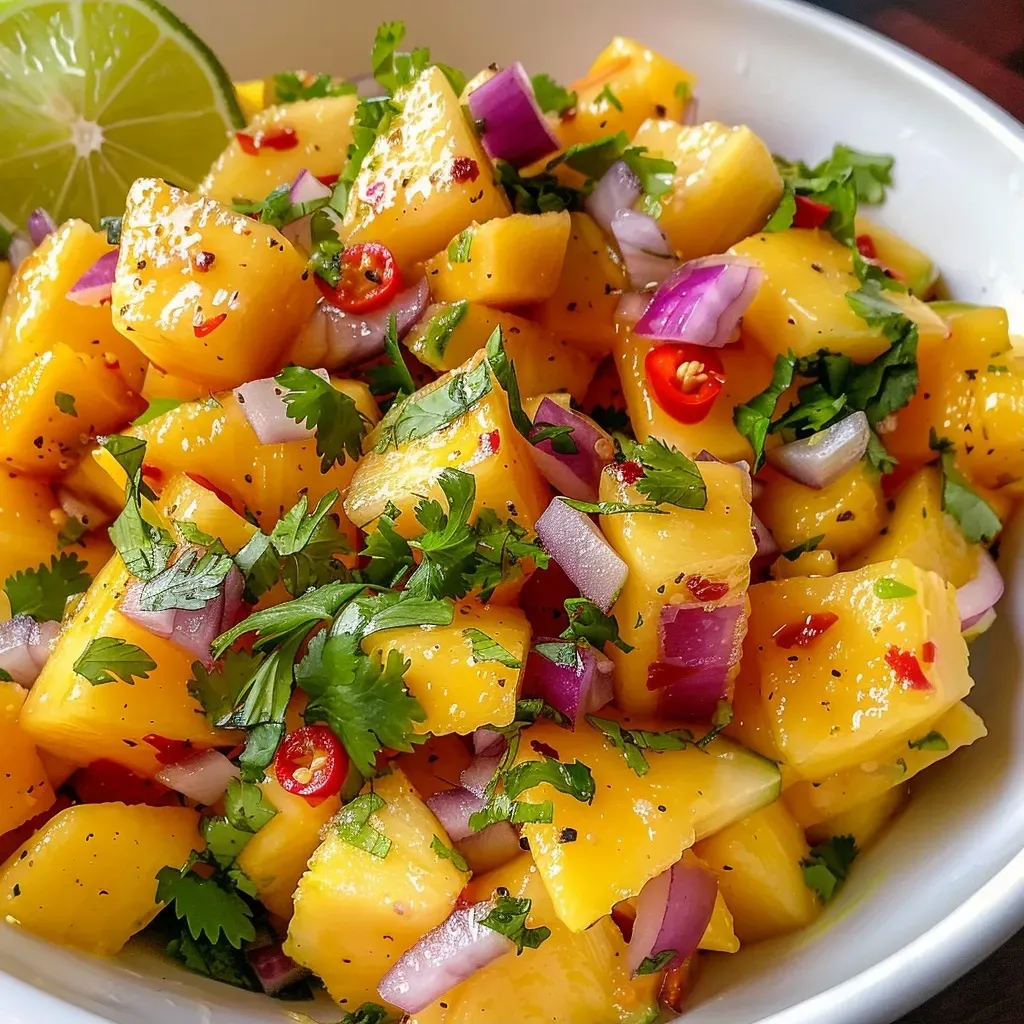 ['Ensalada picante de mango y piña con ingredientes frescos.', 'Vista lateral de ensalada de mango y piña con un toque picante.', 'Placa con ensalada de mango, piña y chile tailandés.', 'Close up de ensalada fresca de mango y piña con hierbas.']
