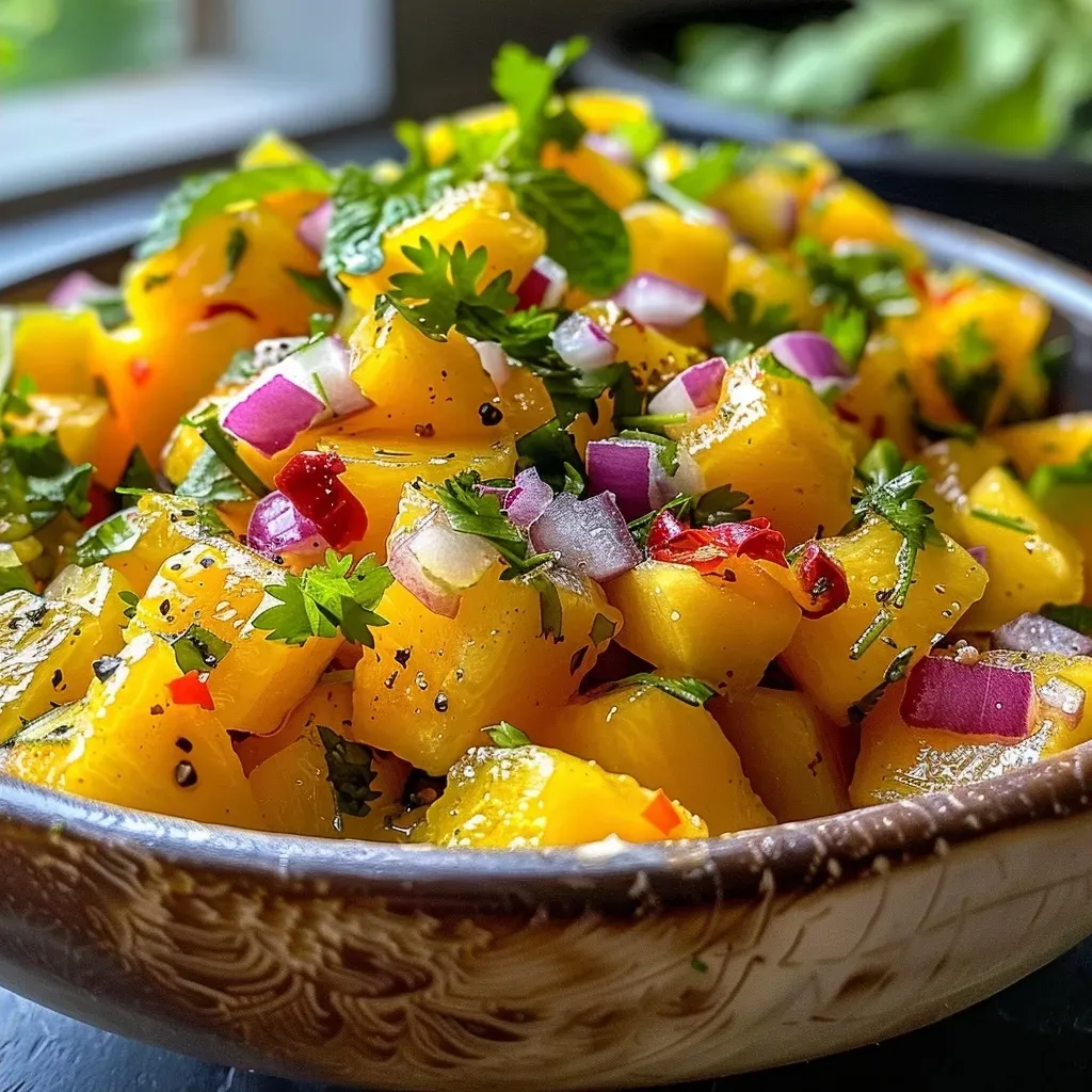 Ensalada picante de mango y piña con ingredientes frescos.