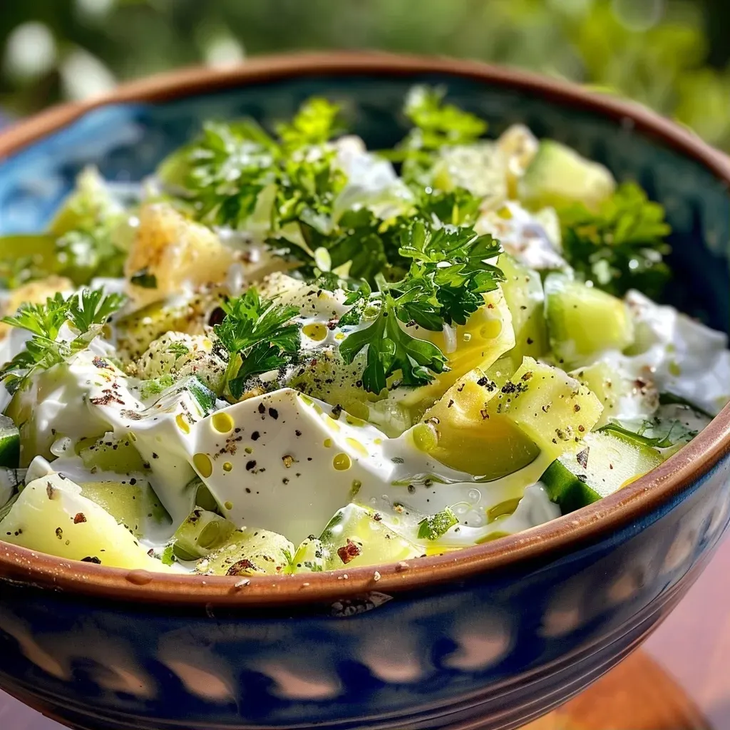 ['Ensalada vegana cremosa de pepino y eneldo en un plato.', 'Primer plano de ensalada vegana con yogur y pepinos.', 'Ensalada de pepino y eneldo dispuesta en un tazón.', 'Vista lateral de una ensalada vegana cremosa con ingredientes frescos.']