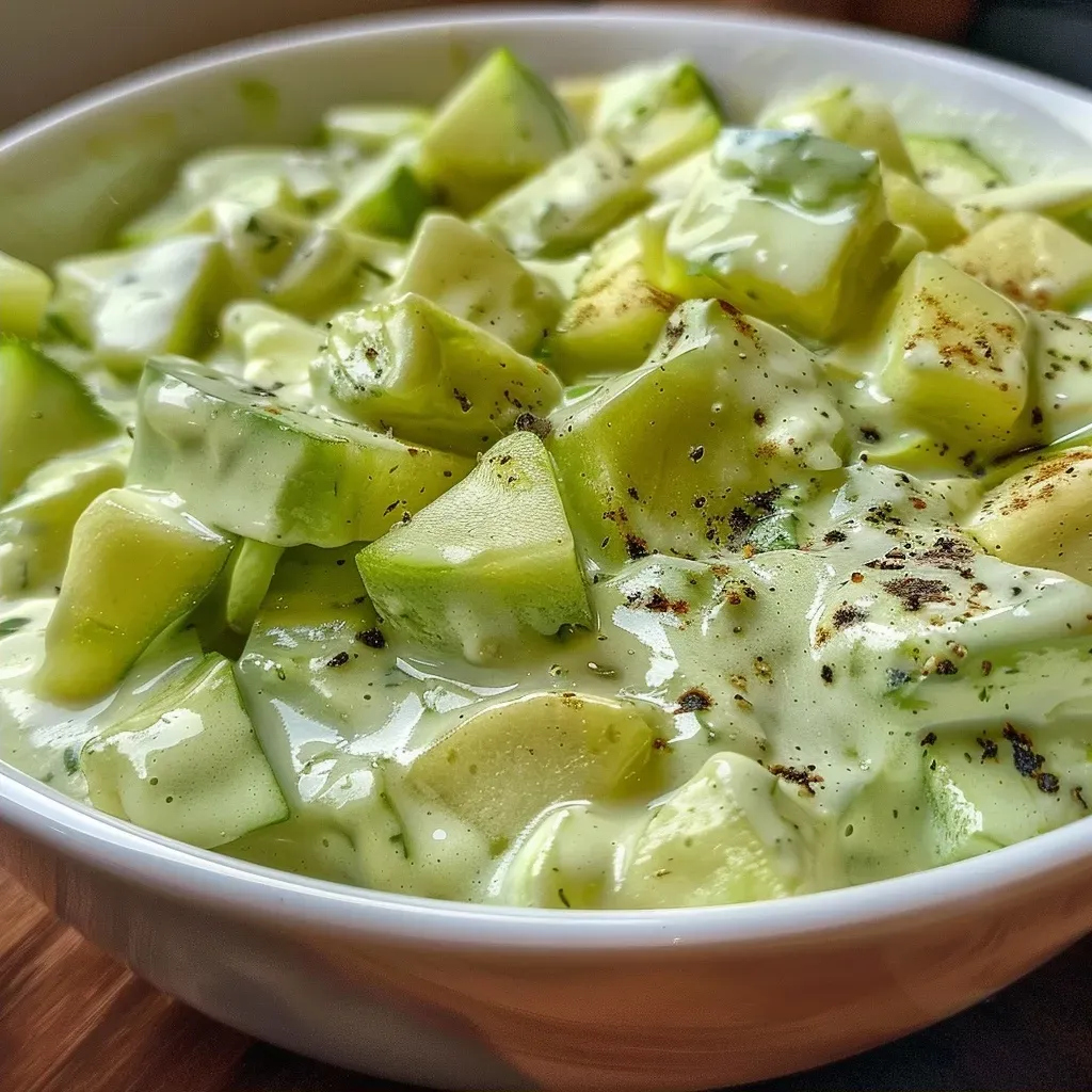 ['Ensalada vegana cremosa de pepino y eneldo en un plato.', 'Primer plano de ensalada vegana con yogur y pepinos.', 'Ensalada de pepino y eneldo dispuesta en un tazón.', 'Vista lateral de una ensalada vegana cremosa con ingredientes frescos.']