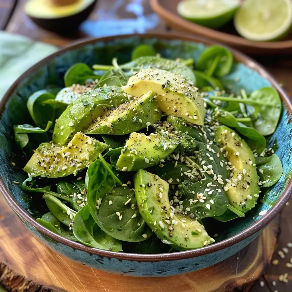 ['Ensalada verde con espinacas, aguacate y semillas.', 'Primer plano de una ensalada de espinacas frescas con aguacate.', 'Ensalada en un plato, mostrando espinacas, aguacate y semillas.', 'Ensalada deliciosa presentada con aguacate y espinacas.']