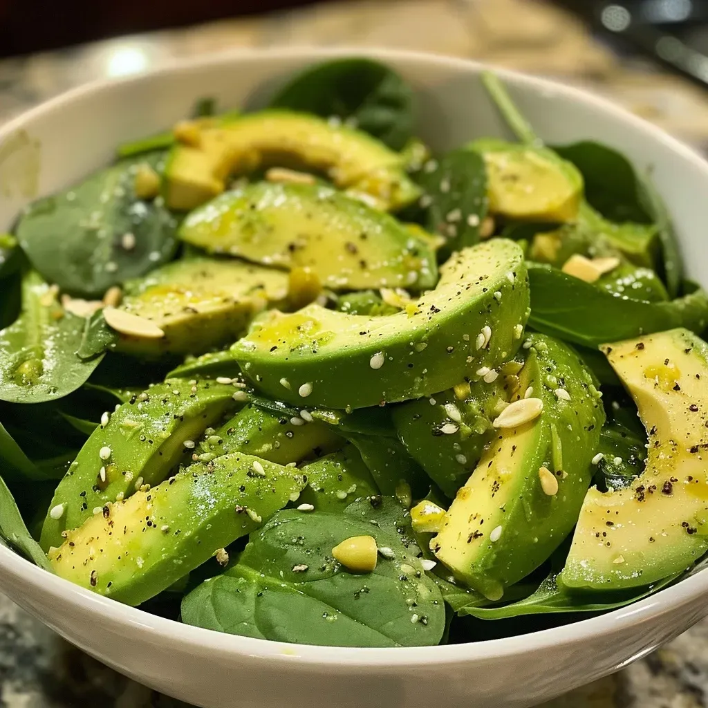 ['Ensalada verde con espinacas, aguacate y semillas.', 'Primer plano de una ensalada de espinacas frescas con aguacate.', 'Ensalada en un plato, mostrando espinacas, aguacate y semillas.', 'Ensalada deliciosa presentada con aguacate y espinacas.']