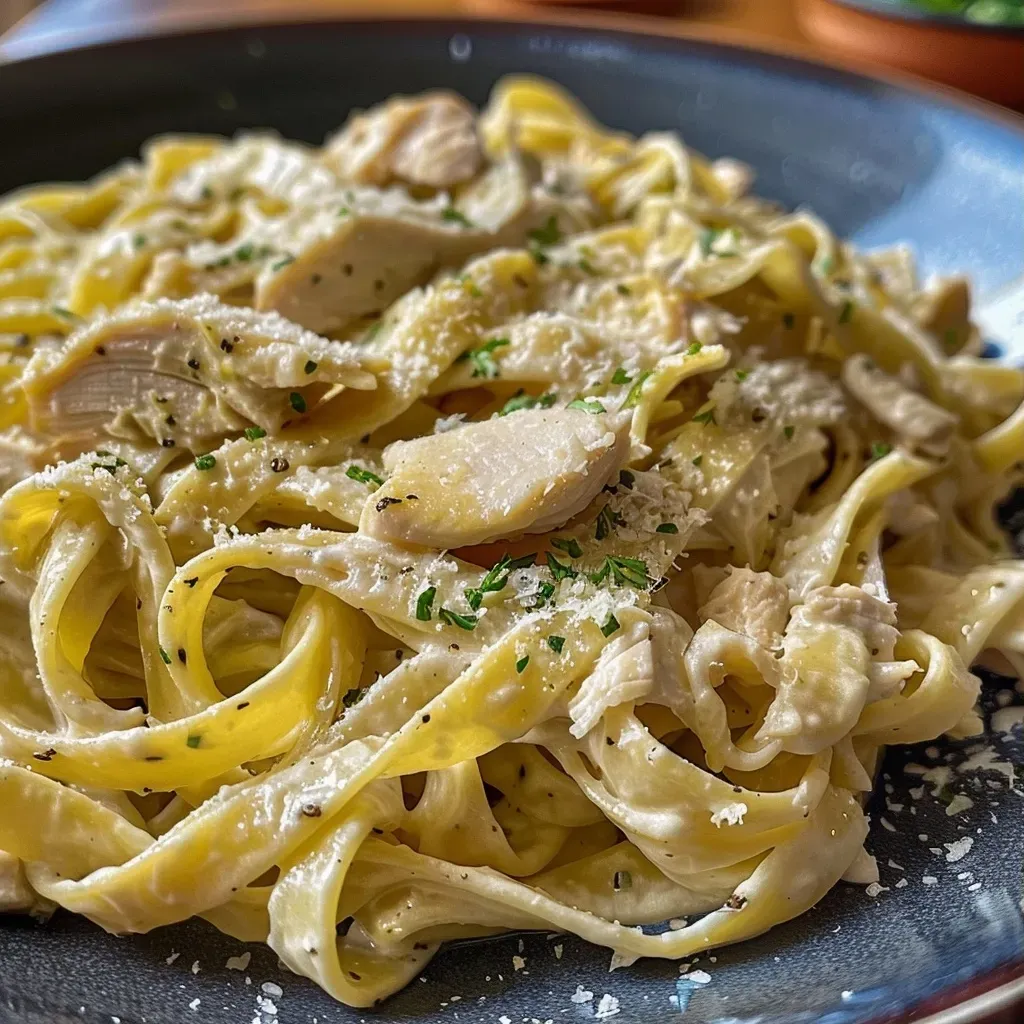 ['Plato de fettuccine al limón y ajo con pollo y perejil.', 'Fettuccine servido con salsa de ajo, limón y pollo.', 'Detalle de fettuccine al limón y ajo con ingredientes frescos.', 'Vista lateral de un delicioso plato de fettuccine con salsa de ajo.']