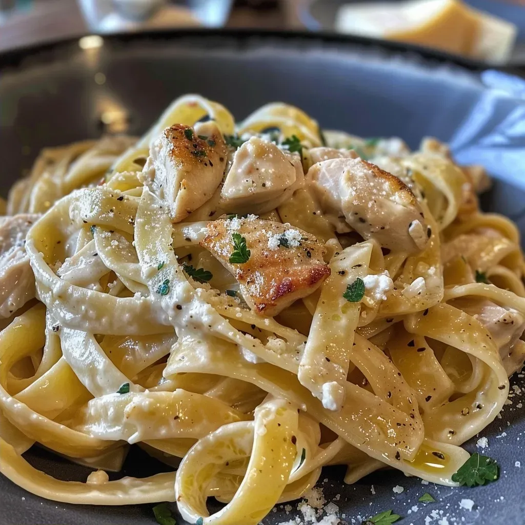 ['Plato de fettuccine al limón y ajo con pollo y perejil.', 'Fettuccine servido con salsa de ajo, limón y pollo.', 'Detalle de fettuccine al limón y ajo con ingredientes frescos.', 'Vista lateral de un delicioso plato de fettuccine con salsa de ajo.']