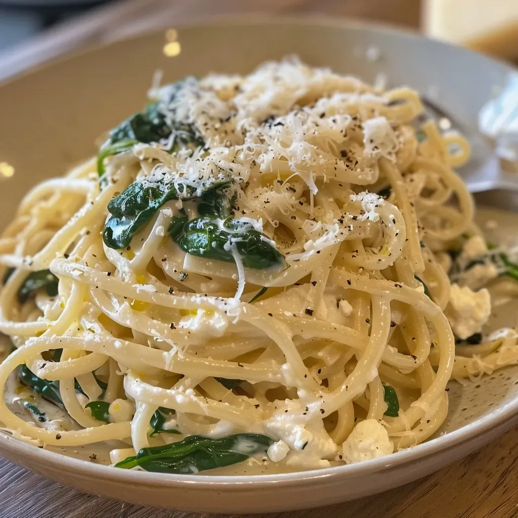 ['Fideos cortos con ricotta y espinaca en un plato blanco.', 'Primer plano de fideos con salsa cremosa de espinaca y ricotta.', 'Tazón de fideos con ricotta, espinaca y especias.', 'Porción de fideos con ricotta y espinaca, decorados con queso.']