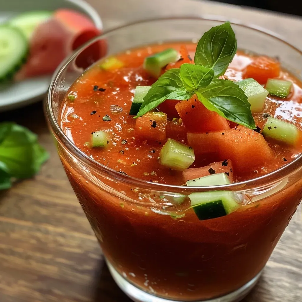 ['Gazpacho de melón servido en un tazón.', 'Primer plano de gazpacho de melón con ingredientes visibles.', 'Tazón de gazpacho de melón decorado con jamón serrano.', 'Gazpacho refrescante de melón en una mesa veraniega.']
