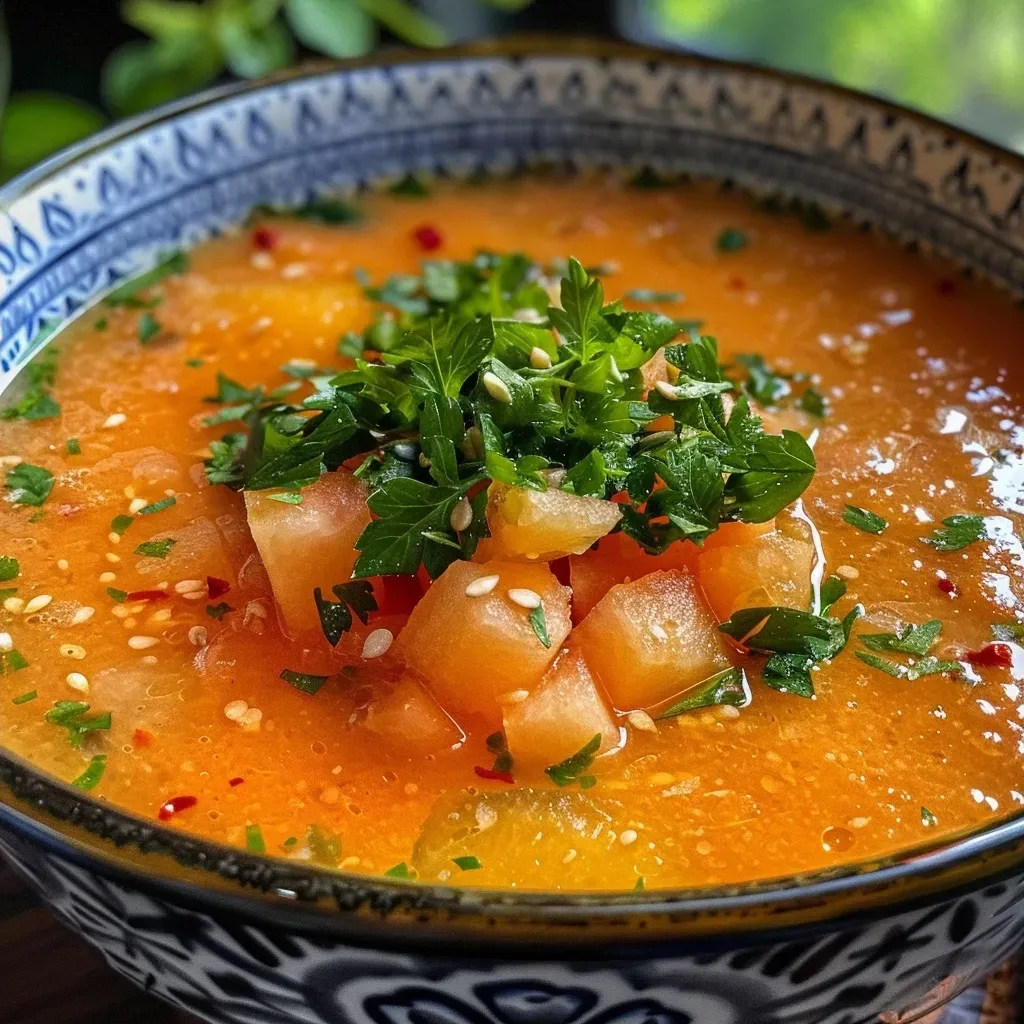 ['Gazpacho de melón servido en un tazón.', 'Primer plano de gazpacho de melón con ingredientes visibles.', 'Tazón de gazpacho de melón decorado con jamón serrano.', 'Gazpacho refrescante de melón en una mesa veraniega.']