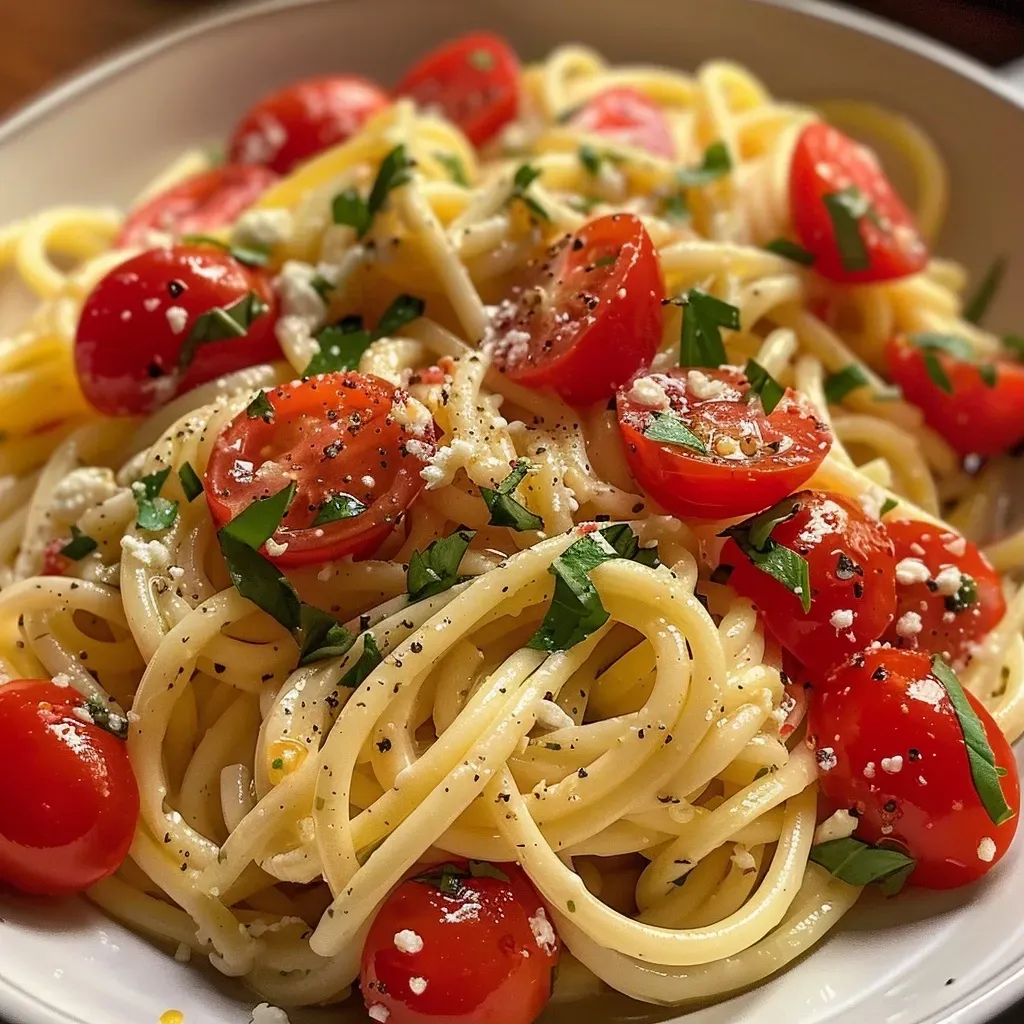 ['Linguini con tomate y ricotta en un plato blanco.', 'Primer plano de linguini con tomates cherry y ricotta.', 'Pasta linguini servida con salsa de tomate y queso ricotta.', 'Imagen de un plato de linguini con tomates y ricotta cremoso.']