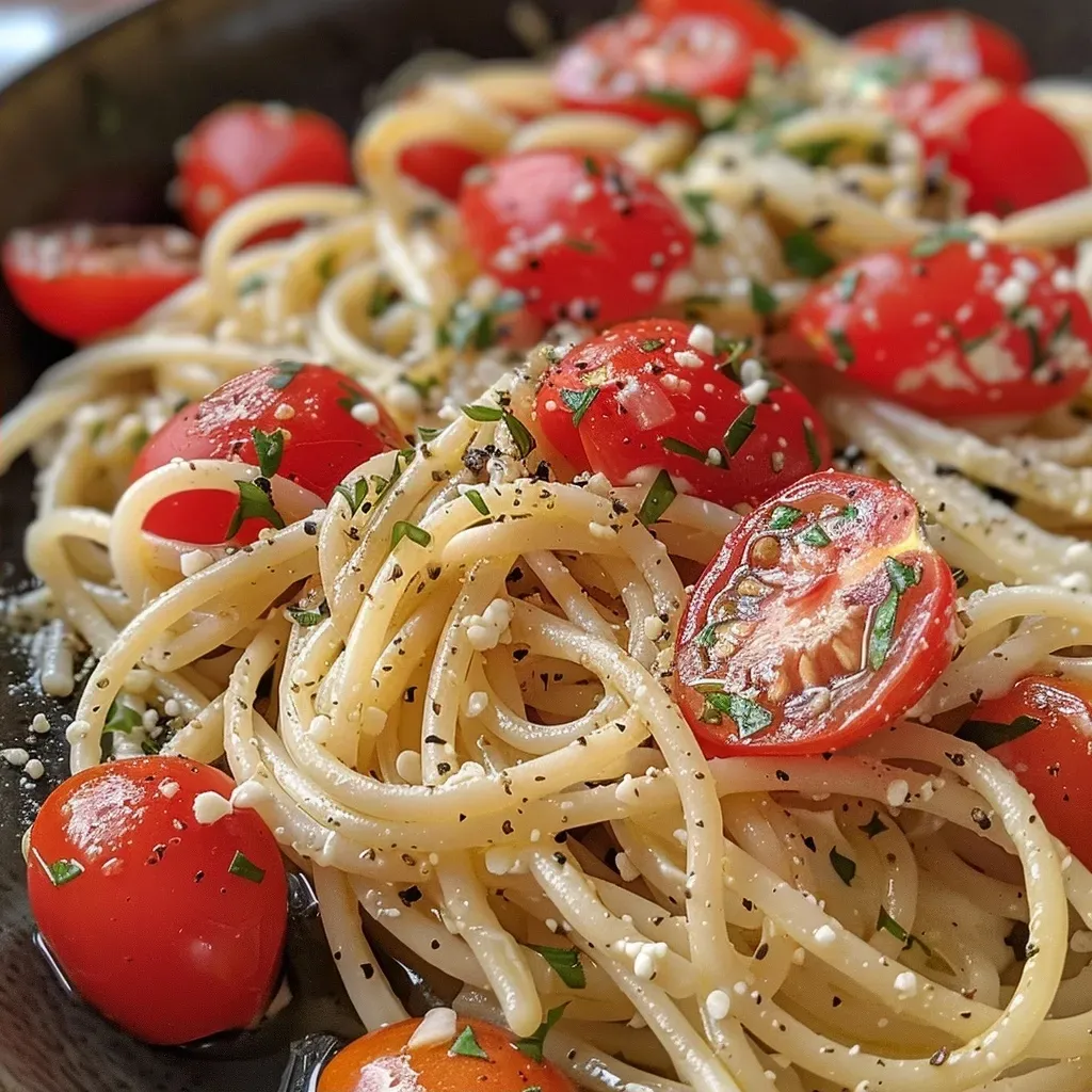 ['Linguini con tomate y ricotta en un plato blanco.', 'Primer plano de linguini con tomates cherry y ricotta.', 'Pasta linguini servida con salsa de tomate y queso ricotta.', 'Imagen de un plato de linguini con tomates y ricotta cremoso.']