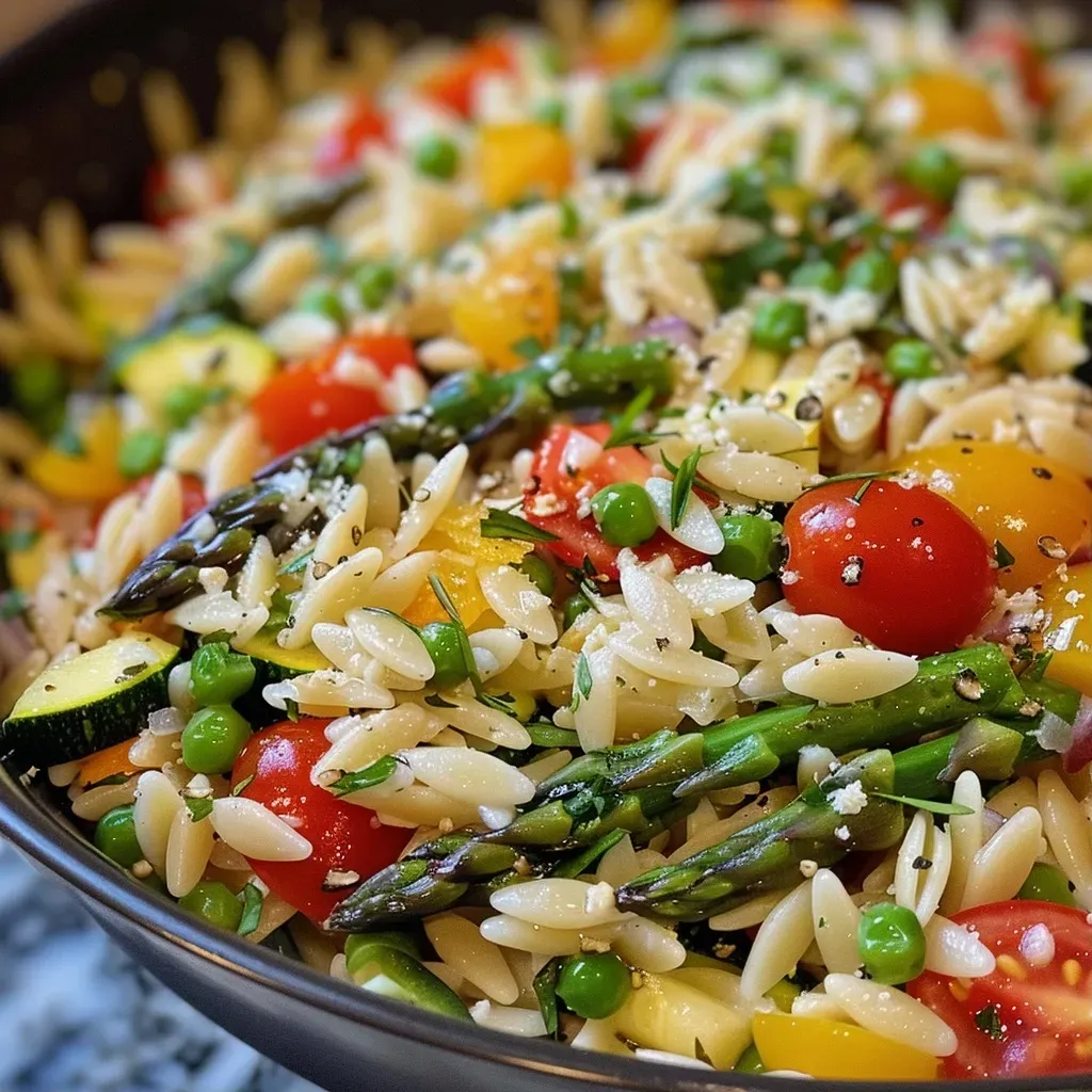['Plato de Orzo Primavera con verduras frescas.', 'Porción de pasta orzo con coloridas verduras.', 'Primer plano de Orzo Primavera en un plato.', 'Pasta orzo acompañada de vegetales y queso.']