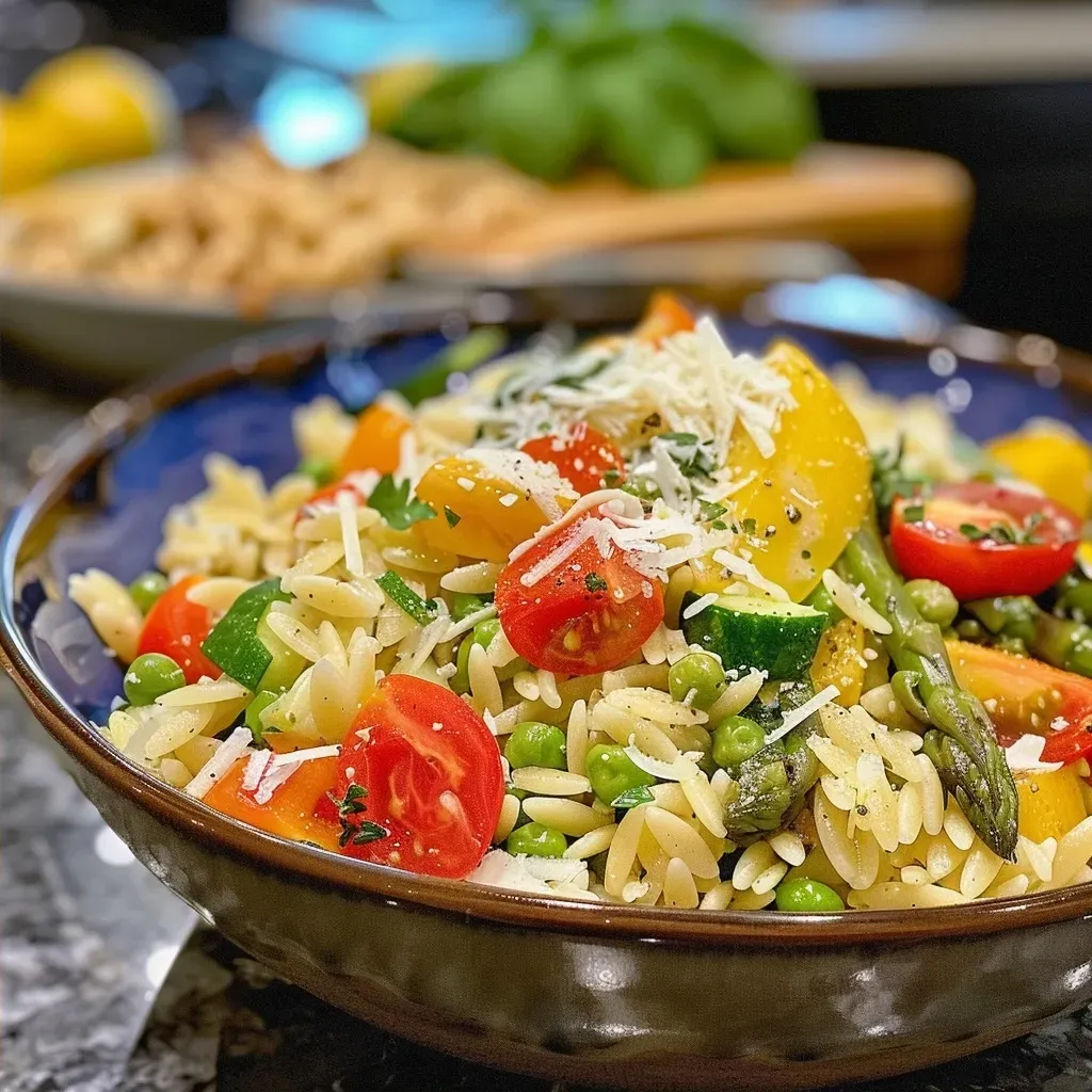 ['Plato de Orzo Primavera con verduras frescas.', 'Porción de pasta orzo con coloridas verduras.', 'Primer plano de Orzo Primavera en un plato.', 'Pasta orzo acompañada de vegetales y queso.']