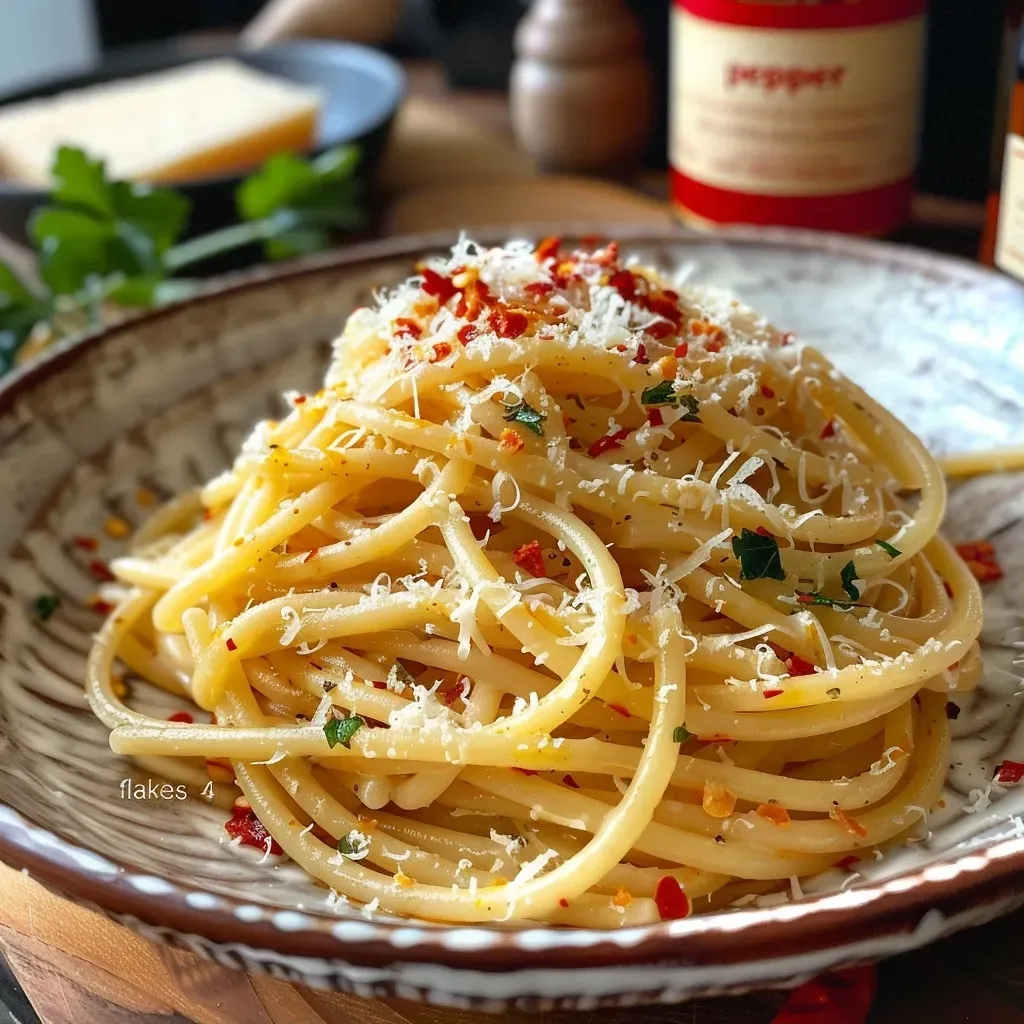 ['Plato de pasta aglio e olio con ajo y perejil.', 'Primer plano de pasta con salsa de ajo y aceite de oliva.', 'Tazón de pasta aglio e olio listo para servir.', 'Porción de pasta con ajo y aceite en una mesa.']