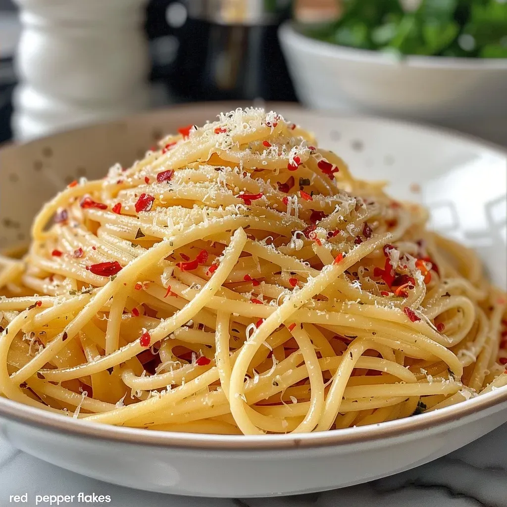['Plato de pasta aglio e olio con ajo y perejil.', 'Primer plano de pasta con salsa de ajo y aceite de oliva.', 'Tazón de pasta aglio e olio listo para servir.', 'Porción de pasta con ajo y aceite en una mesa.']