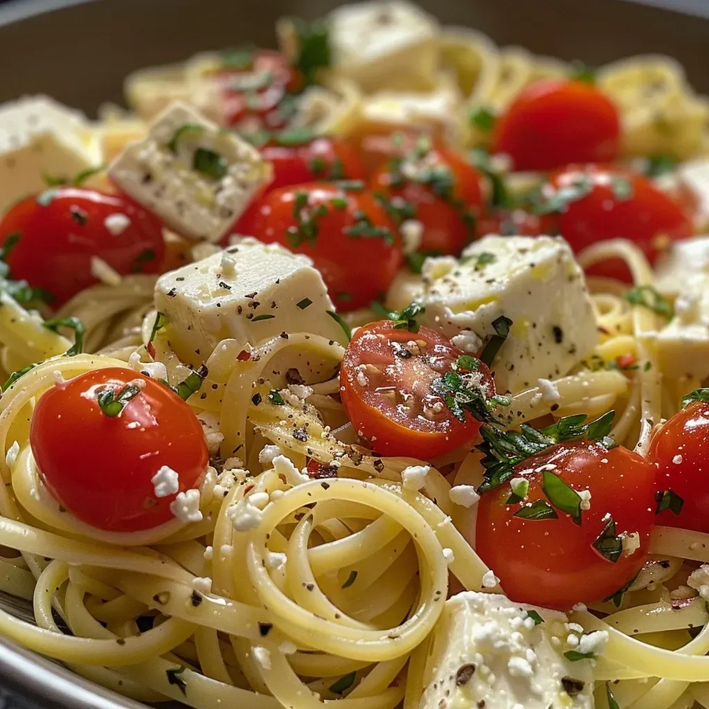 ['Plato de pasta al horno con feta y tomates asados.', 'Primer plano de pasta con queso feta y tomates rostizados.', 'Pasta al horno con feta y tomates, vista lateral.', 'Baked feta pasta con ingredientes frescos, vista cercana.']