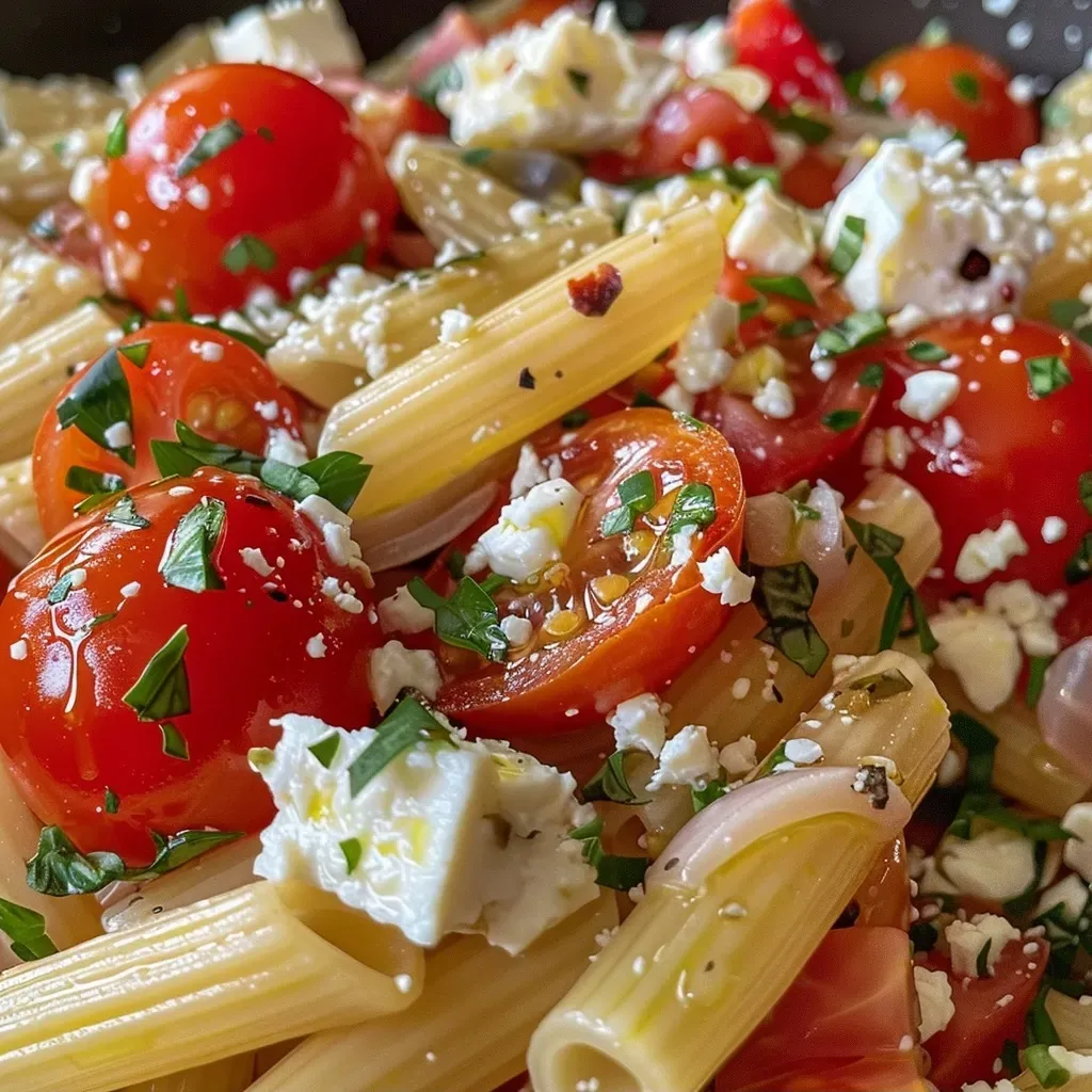['Pasta al horno con feta y tomates asados, vista lateral.', 'Close up de pasta con queso feta y tomates cherry asados.', 'Placa de pasta al horno con feta y tomates en primer plano.', 'Detalle de un plato de pasta con feta y tomates asados.']