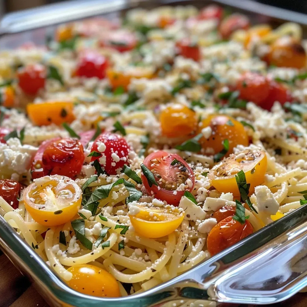 ['Pasta al horno con feta y tomates asados, vista lateral.', 'Close up de pasta con queso feta y tomates cherry asados.', 'Placa de pasta al horno con feta y tomates en primer plano.', 'Detalle de un plato de pasta con feta y tomates asados.']