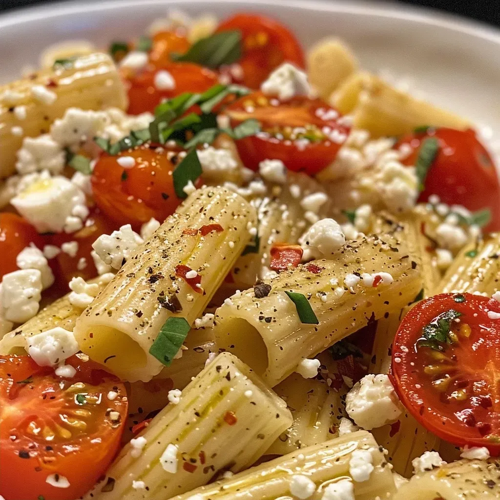 ['Plato de pasta al horno con feta y tomates asados.', 'Primer plano de pasta con queso feta y tomates rostizados.', 'Pasta al horno con feta y tomates, vista lateral.', 'Baked feta pasta con ingredientes frescos, vista cercana.']
