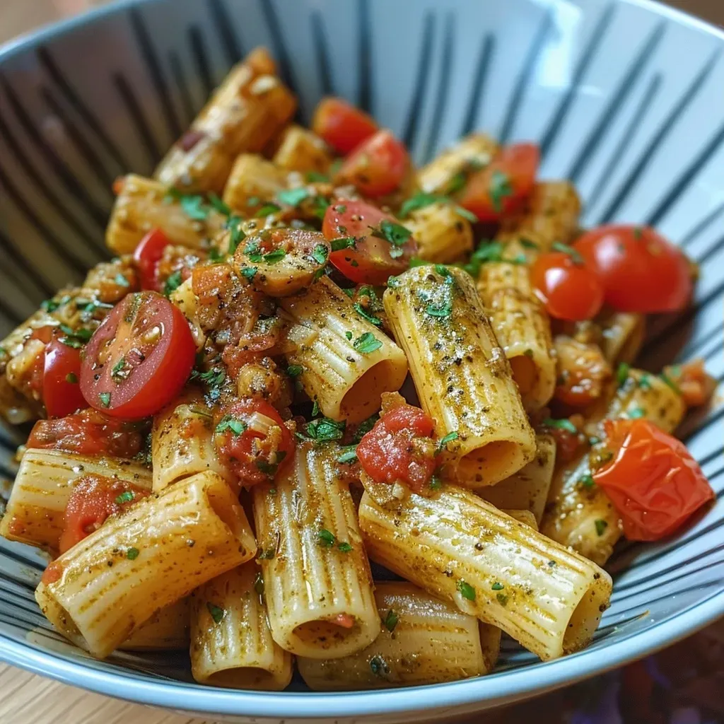 ['Pasta al pesto de tomate seco con albahaca y piñones.', 'Plato de bucatini con salsa de tomate seco y levadura nutricional.', 'Pasta al pesto de tomate seco servida en un plato atractivo.', 'Close-up de pasta con pesto de tomate y albahaca fresca.']