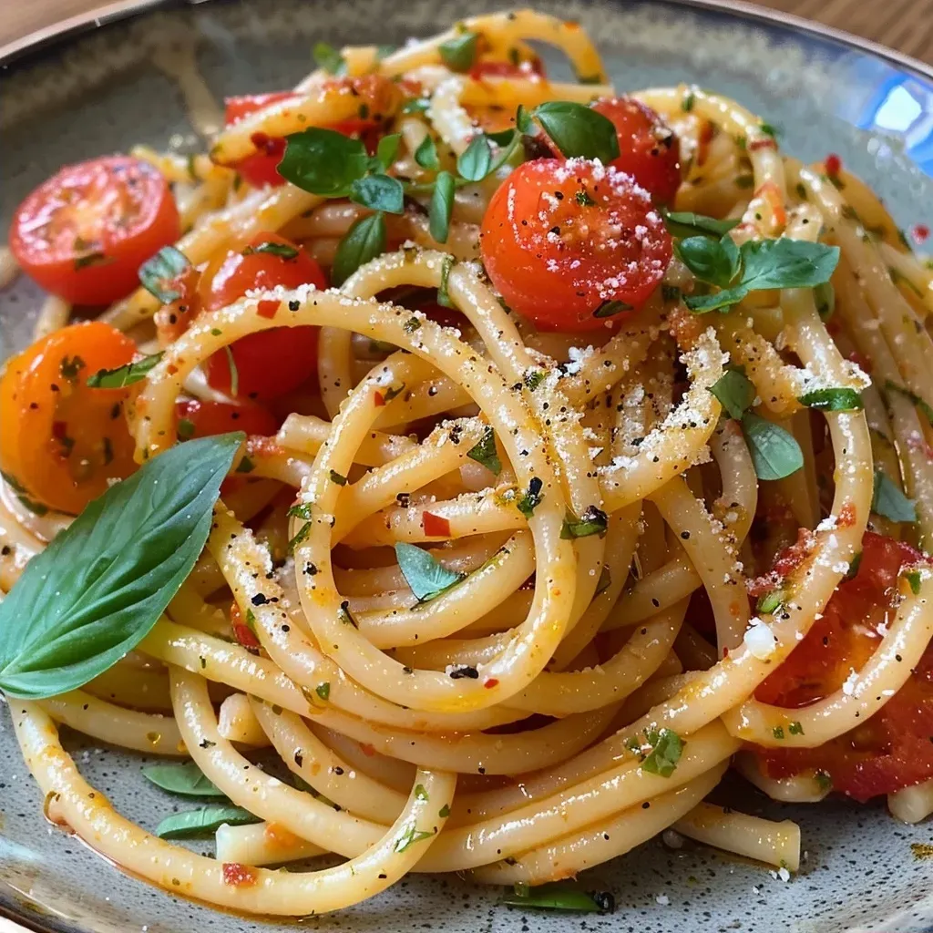 ['Pasta al pesto de tomate seco con albahaca y piñones.', 'Plato de bucatini con salsa de tomate seco y levadura nutricional.', 'Pasta al pesto de tomate seco servida en un plato atractivo.', 'Close-up de pasta con pesto de tomate y albahaca fresca.']