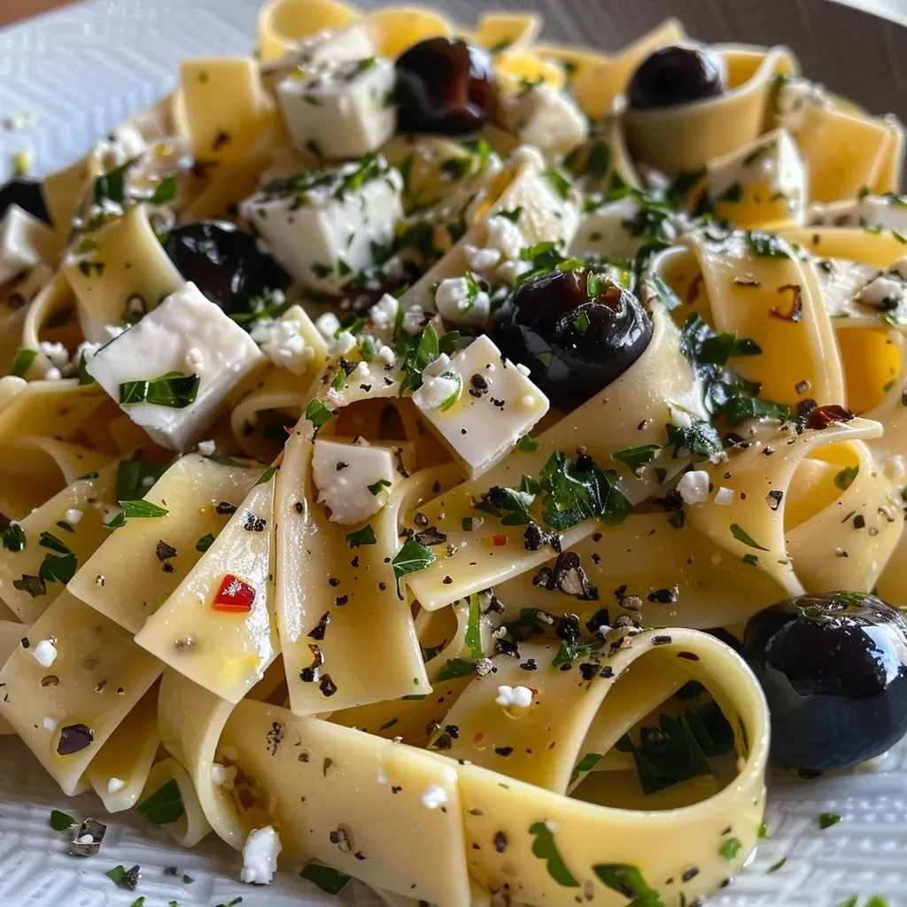 ['Platter of pasta with black olives and feta cheese.', 'Close up of pasta dish featuring black olives and sun-dried tomatoes.', 'Tasty pasta with feta cheese and black olives garnished with herbs.', 'Juicy pasta with cherry tomatoes, black olives, and feta.']