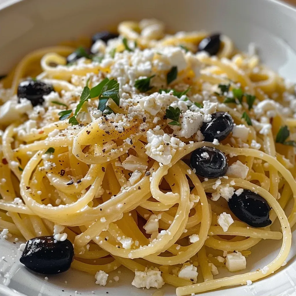 ['Platter of pasta with black olives and feta cheese.', 'Close up of pasta dish featuring black olives and sun-dried tomatoes.', 'Tasty pasta with feta cheese and black olives garnished with herbs.', 'Juicy pasta with cherry tomatoes, black olives, and feta.']